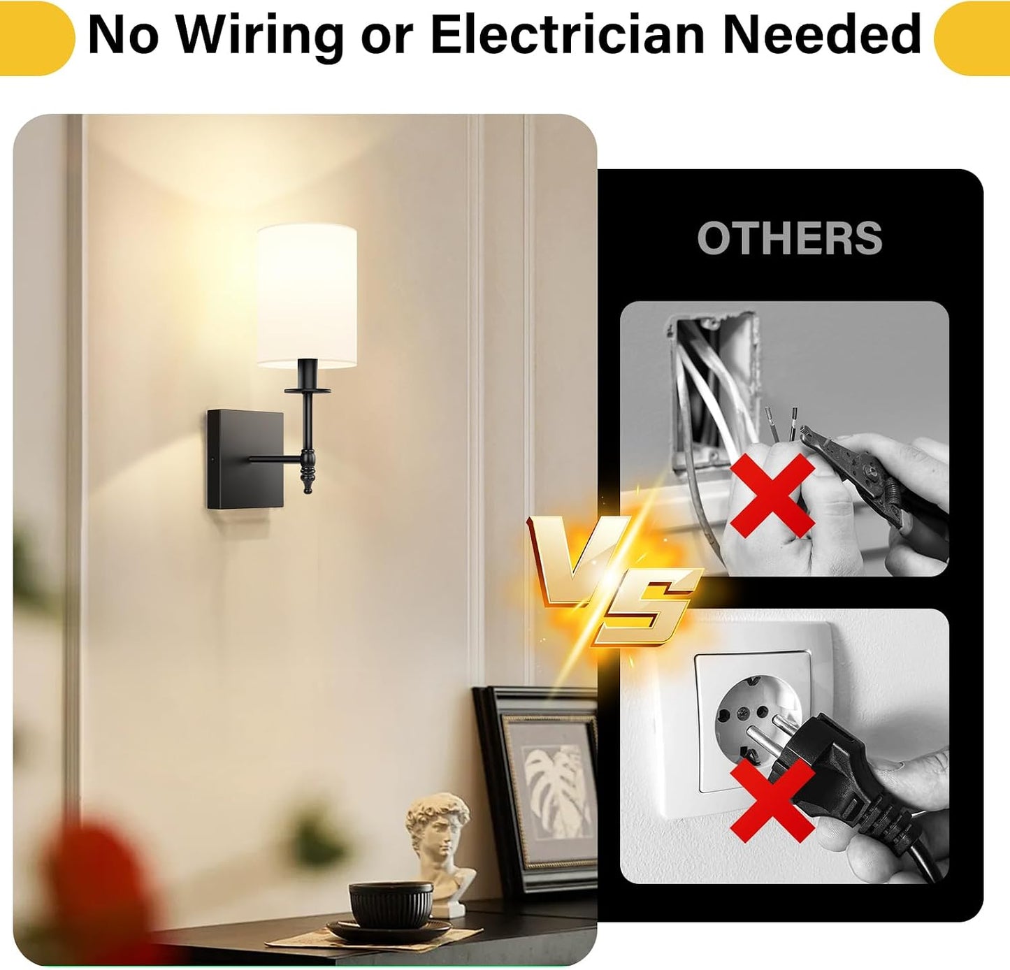 14 Inch Black Battery Operated Wall Sconces Set of 2, Rechargeable Wireless Wall Lights with Remote & White Fabric