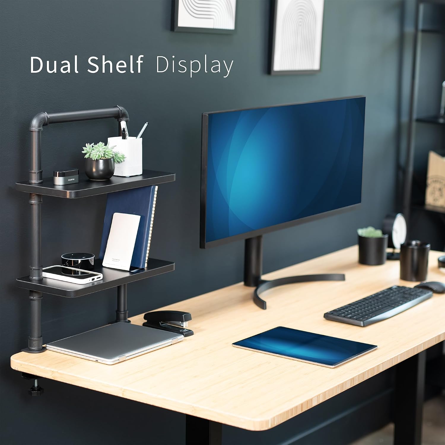 VIVO Clamp-on Premium 16 inch Industrial Pipe 2-Tier Tabletop Shelving, Heavy Duty Desk Extension Organizer, Modern