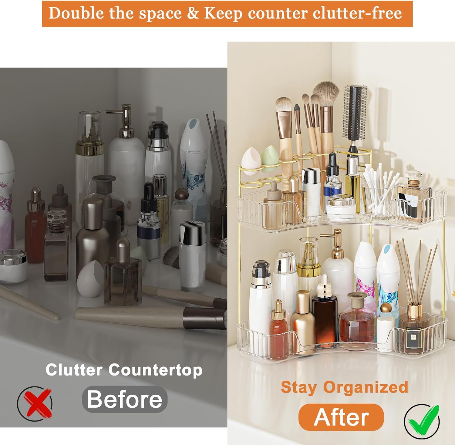 Webetop Corner Makeup Organizer 2 Tier Bathroom Storage with Brush Holder | Space-saving Corner Fit, Clear Acrylic