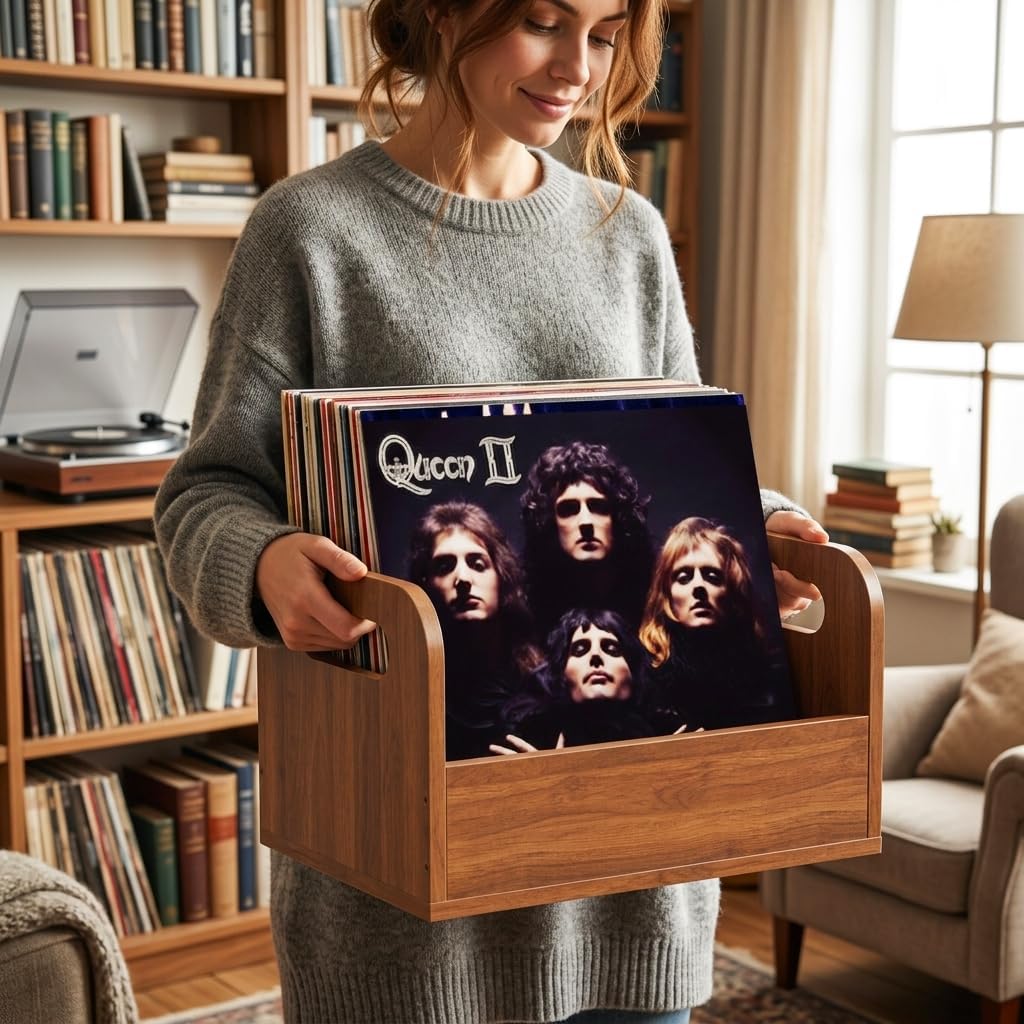 100% Solid Wood Vinyl Record Storage Retro & Sturdy Wooden Vinyl Crate | Vinly Record Holder for Albums Books Files