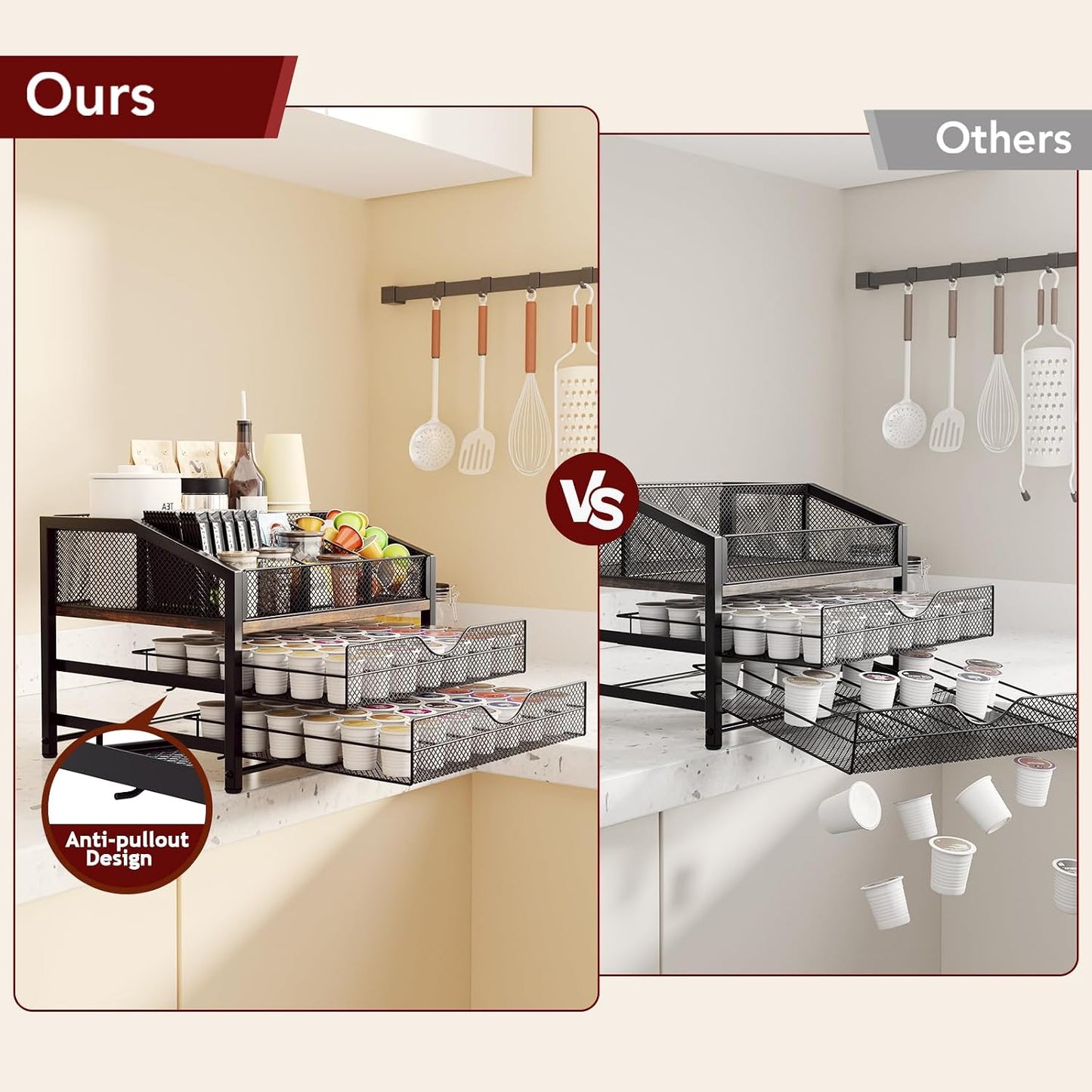 Coffee Bar Organizer - Coffee Station for Countertop, Metal and Wood K Cup holder Storage Basket for Coffee Pods