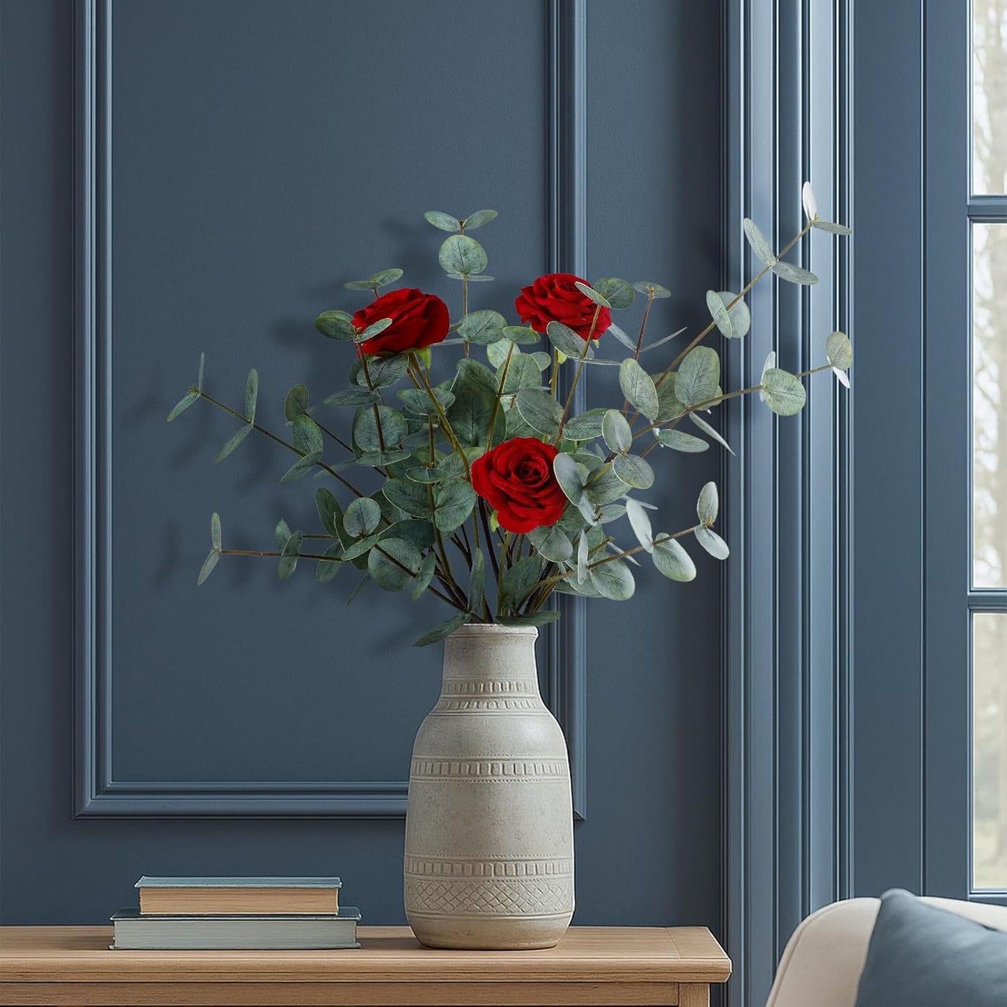 Real Touch Artificial Faux Eucalyptus Stems Dual-Sided Lifelike Leaves Fake / Gray Green / Set of 6