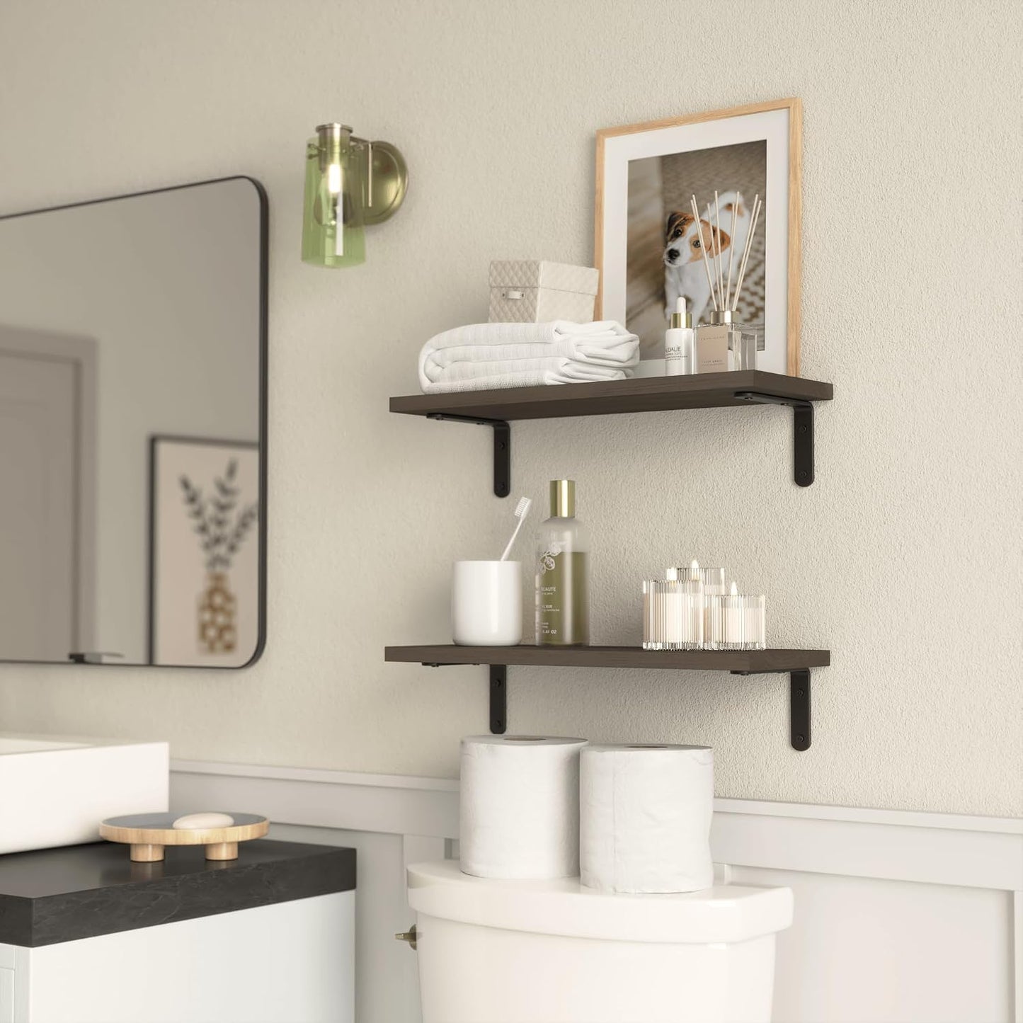 Rustic Wood Wall Shelves / Deep Brown / 16.54in / Set of 2