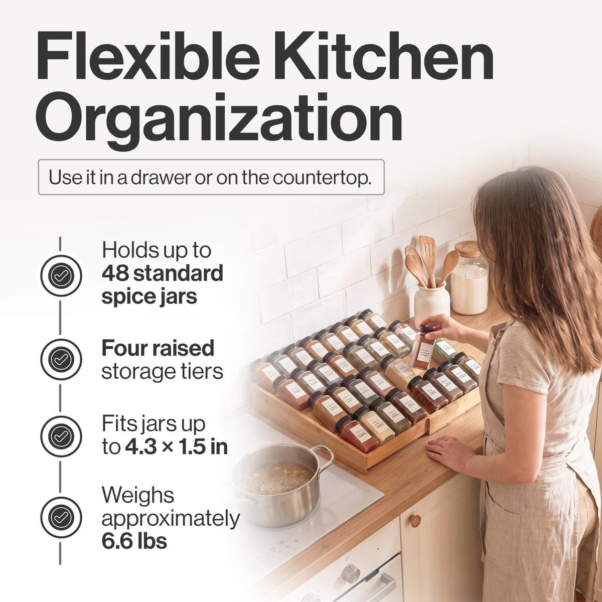 Bamboo Spice Drawer Organizer, Expandable 12 to 23 Inch Insert Holds 48 Jars, 4 Tier Seasoning Rack for Kitchen Drawer