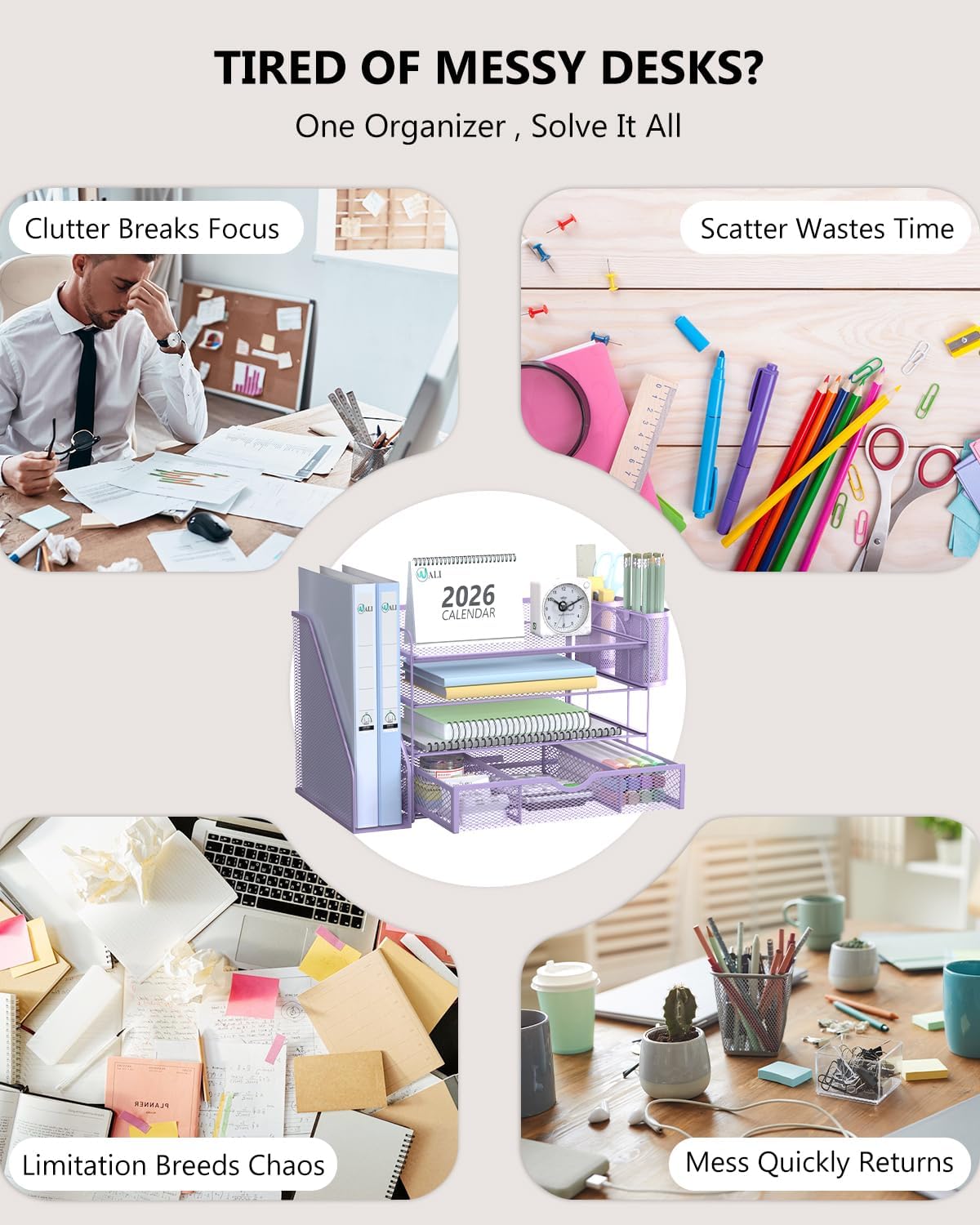 WALI Desk File Organizer, 4 Tier Desktop Paper Letter Tray Organizer with Drawer and 2 Pen Holders, Office Desk
