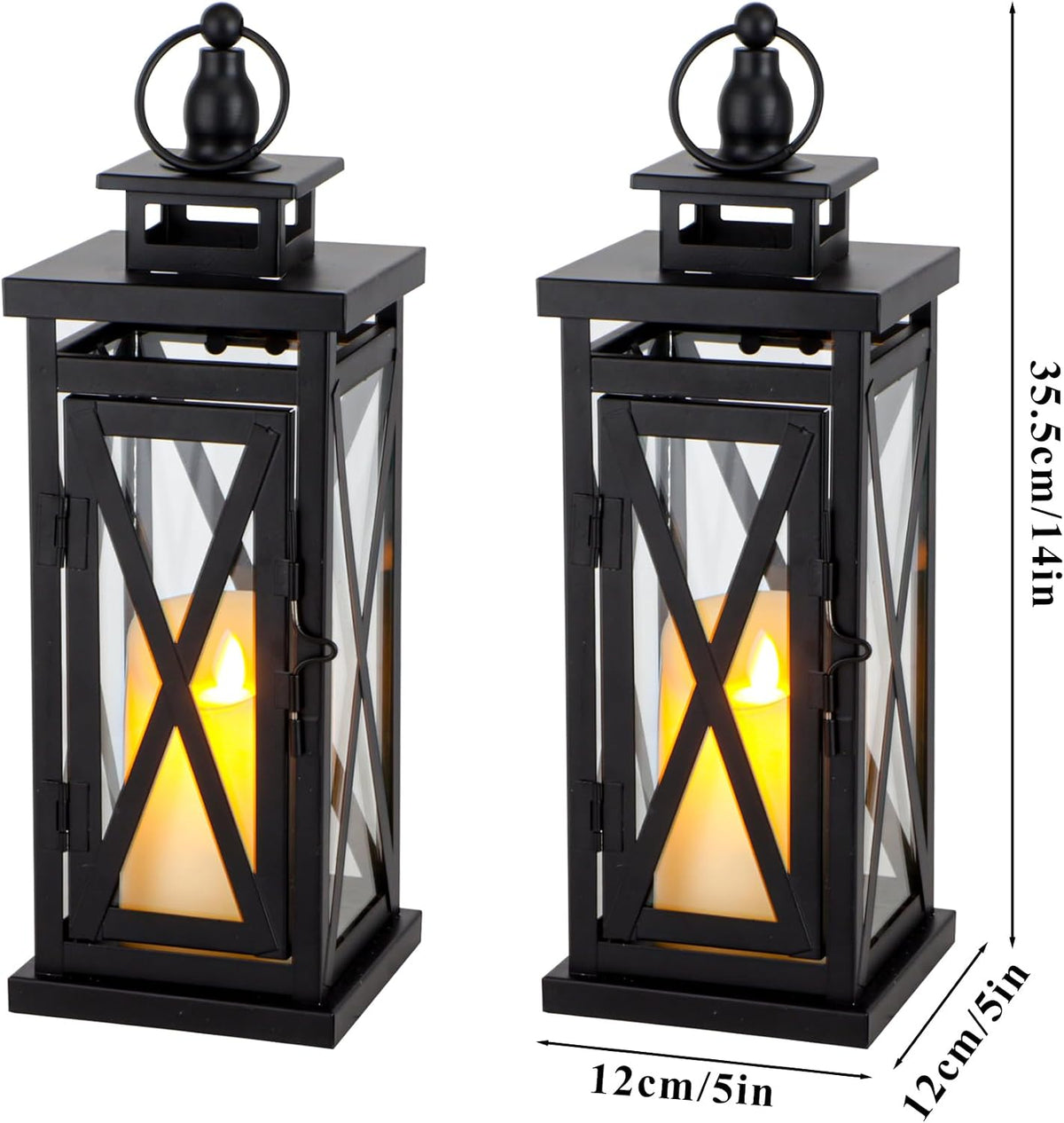 TRIROCKS Set of 2 Deacorative Candle Lantern 11'' High Metal Candle Holder Hanging Lanterns with Tempered Glass Perfect