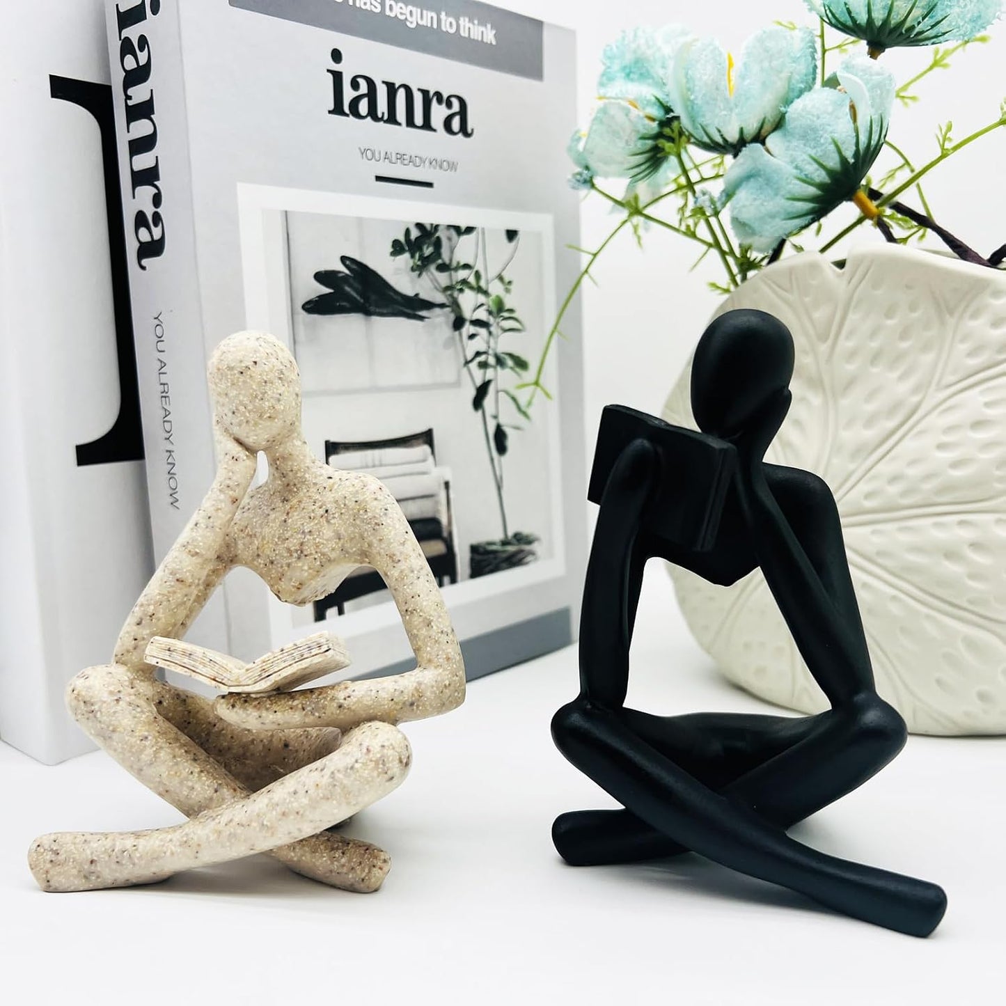 Home Decor Sandstone Reading Thinker Statue Modern Figurines Abstract Aesthetic Sculpture / Set of 2