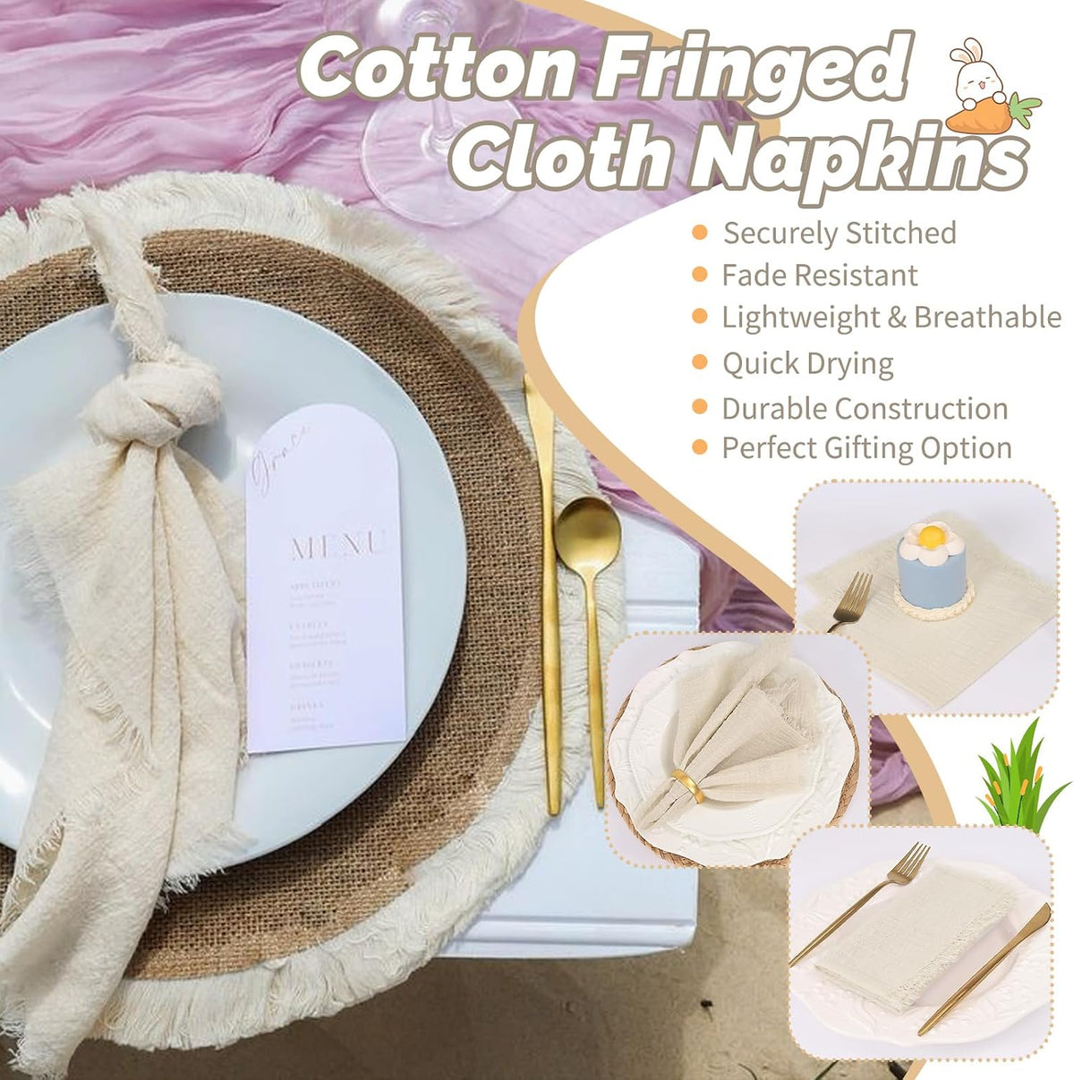Showgeous 30 Pack Natural Cloth Napkins with Fringe, 16x16 inch 100% Cotton | Cloth Napkins Handmade Dinner Napkins
