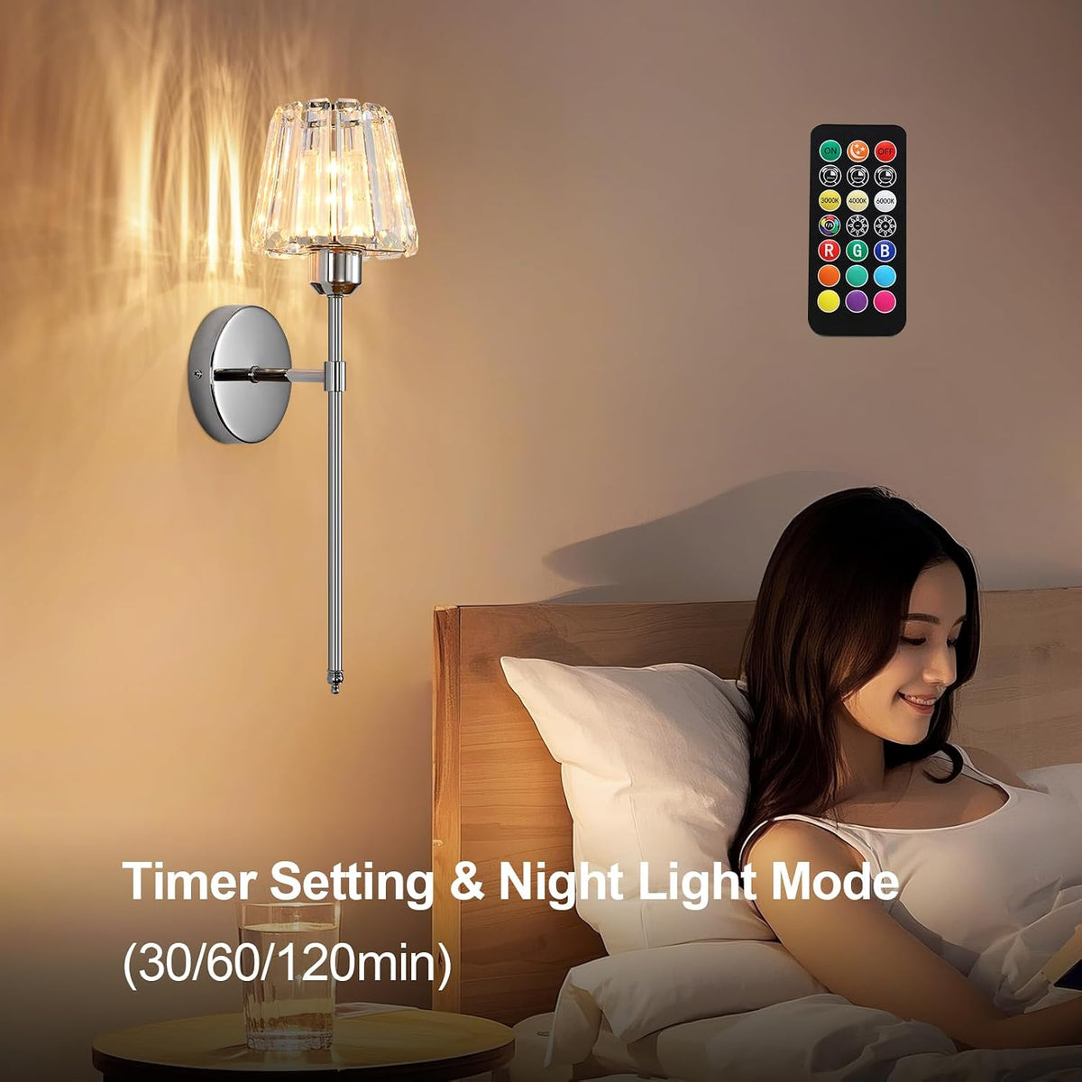 Battery Operated Crystal Wall Sconce Set of 2, Chrome Rechargeable Wireless Wall Sconces with Remote Dimmable 12 Colors