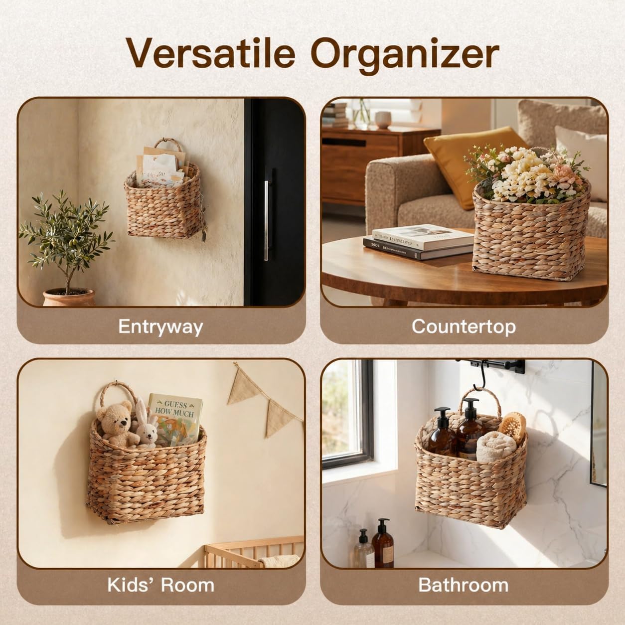 Wicker Hanging Wall Basket Woven Hanging Baskets Water Hyacinth Wall Mounted / Natural / Set of 2
