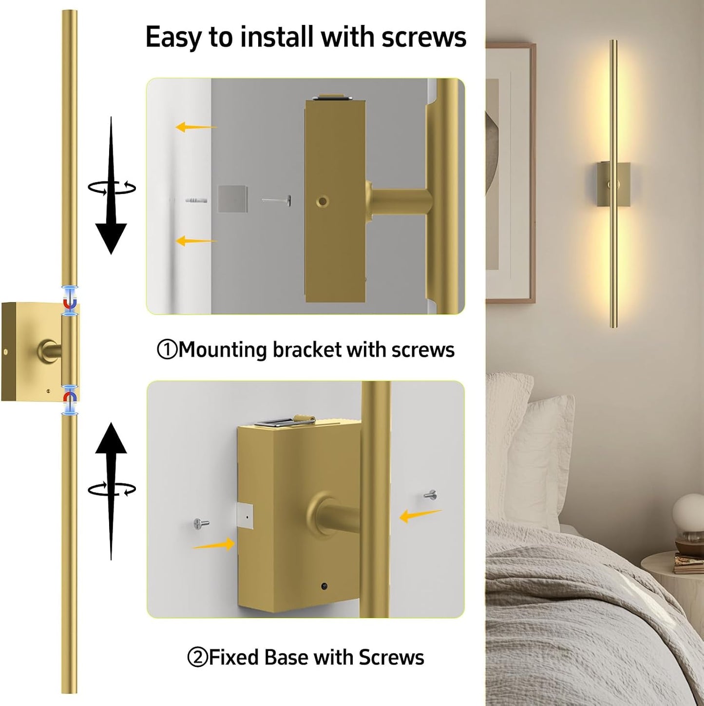 Battery Operated Wall Sconces Set of 2, 10000mAh, Gold | remote control and 360° rotation, for picture display TV wall