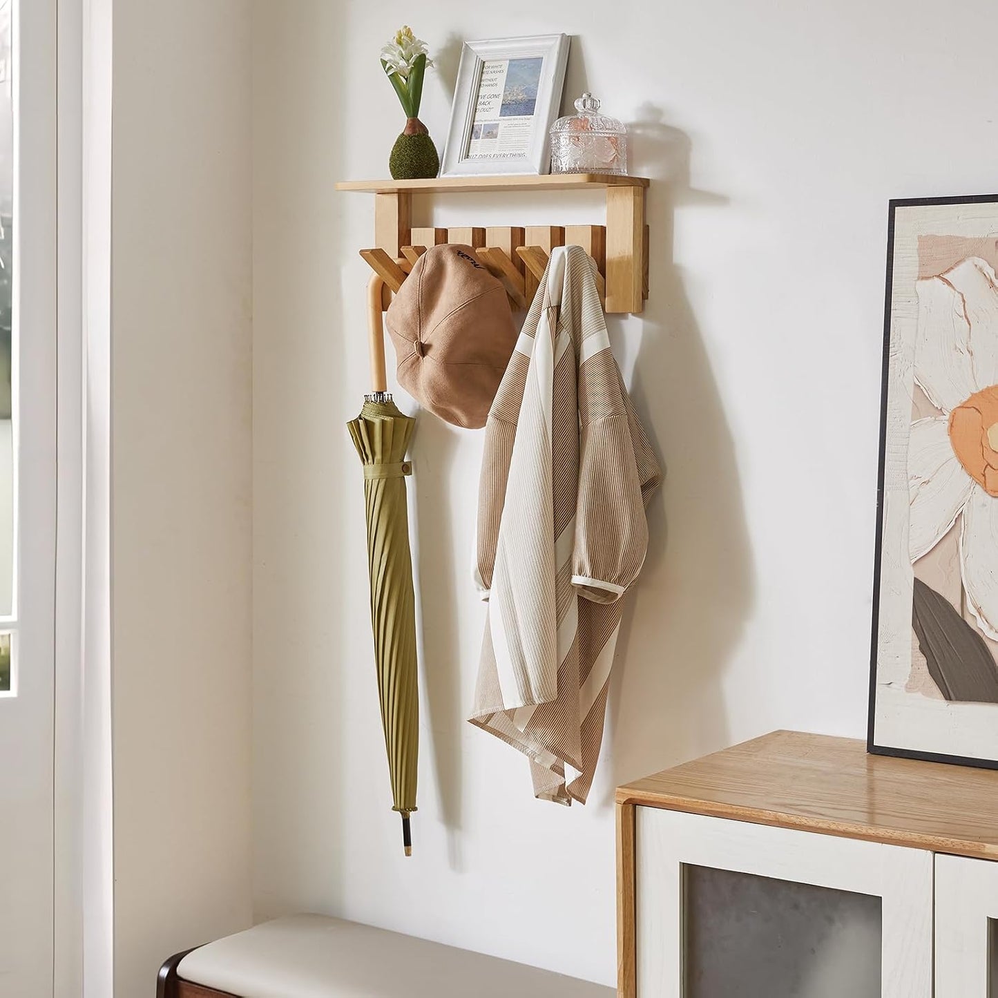 Piano Key Coat Rack Wall Mount with Shelf and 12 Hooks, Natural HWS008N-2 | Solid Wood Wall Mounted Coat Rack with