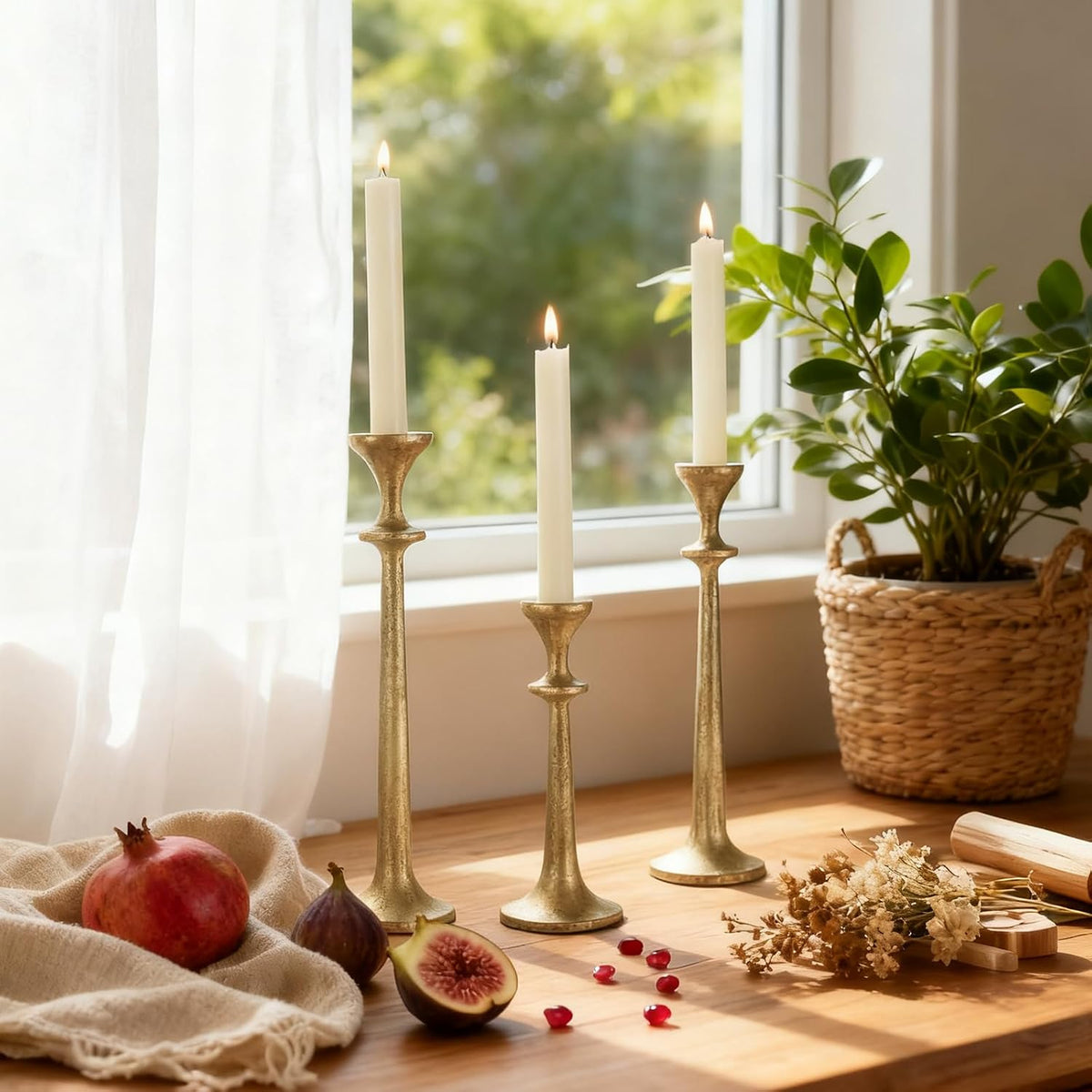 Gold Taper Candle Holders Set of 3 Heavy Cast Iron Antique Brass Candlestick Holder for Table Centerpiece Vintage