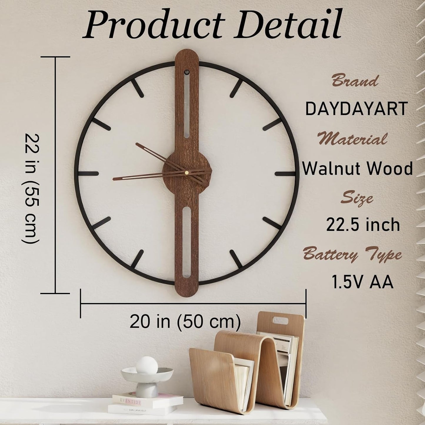 Modern Walnut Dial Wall Clock, Wood Large Wall Clock Decor Metal Frame Silent Non Ticking for Living Room, Bedroom
