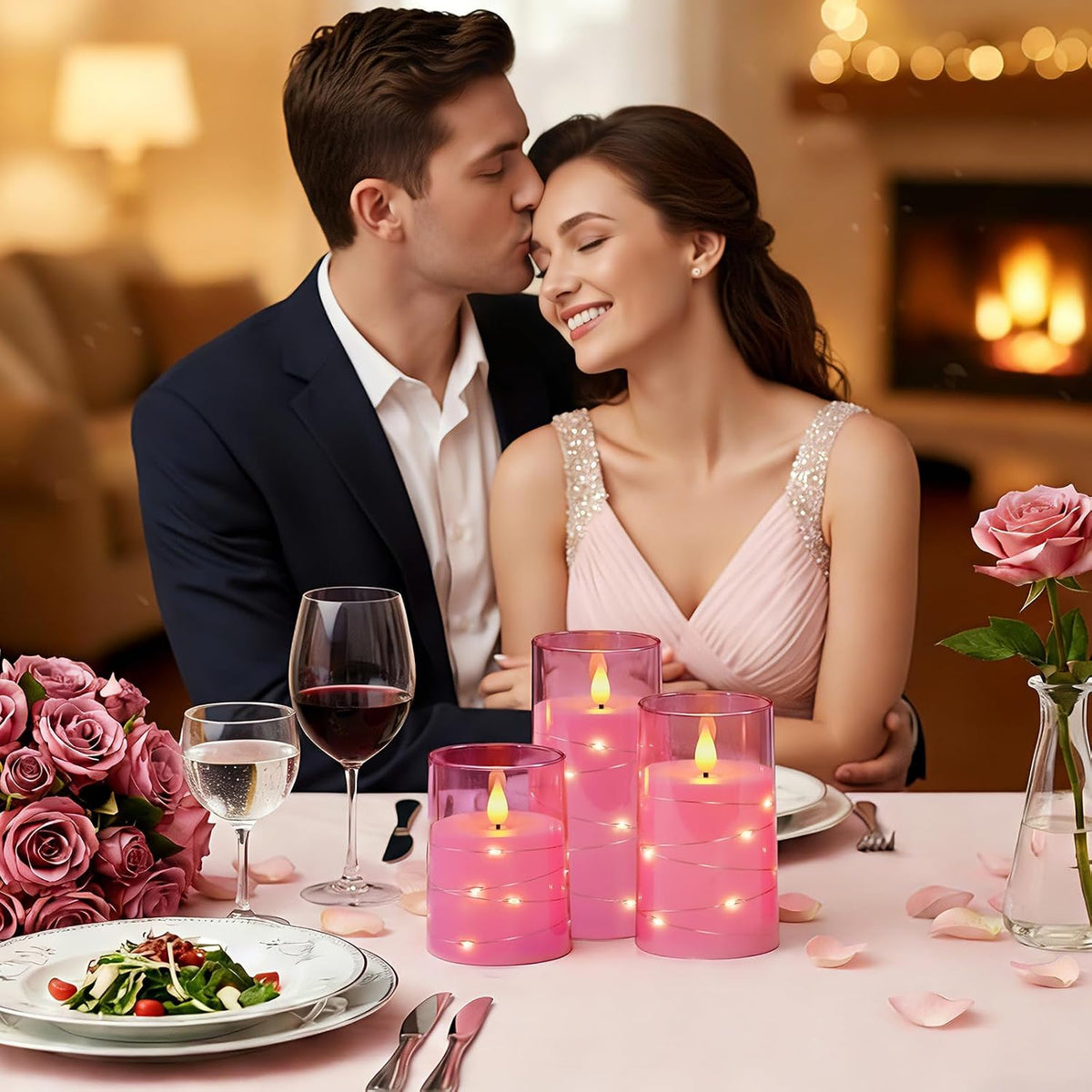 Homemory Flickering Flameless Candles, Pink LED Pillar Candles with Remote | Acrylic Battery Operated Timer Candles