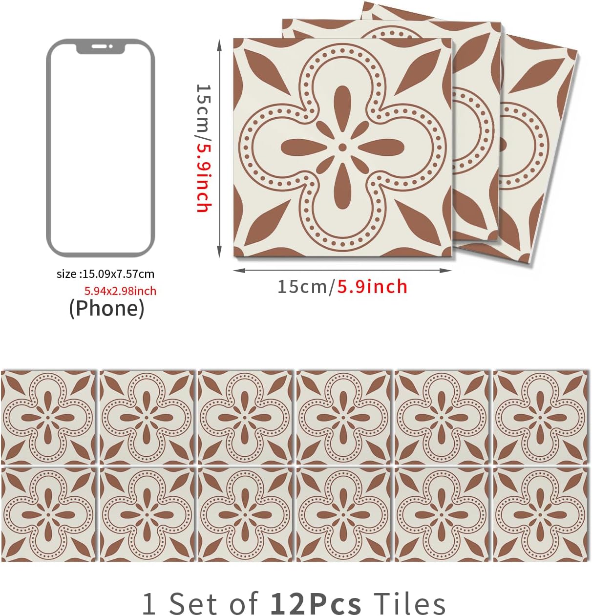 Tile Sticker Self Adhesive Wall Decals Peel and Stick Kitchen / Art-230 / 5.9 x 5.9 / Set of 12