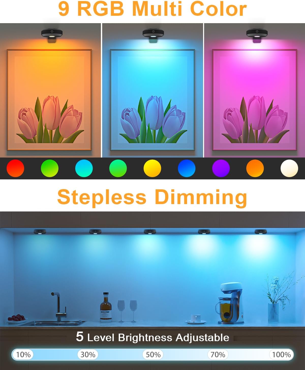 WILLED Rechargeable RGB Wall Lights for Pictures,Puck Lights with Remote | 9 RGB Colors,Dimmable with Timer,Wireless