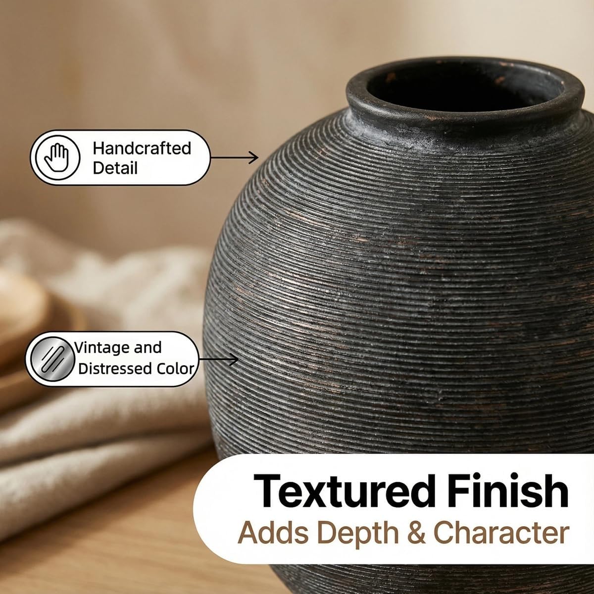 Farmhouse Table Vase / 9.8"-oval / Deep Charcoal Black-9.8