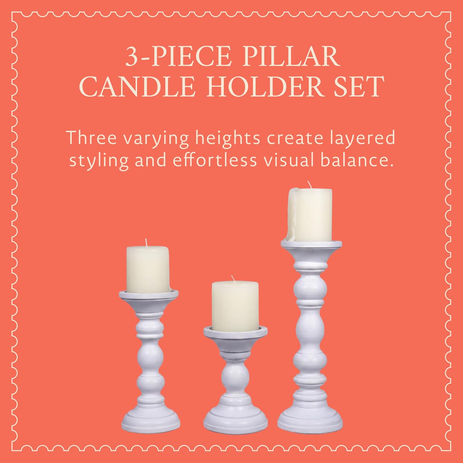 Willow Mango Wood Candle Holders - Matte White, Set of 3 | 6", 9" and 12" hand-carved candle holders for table, mantel