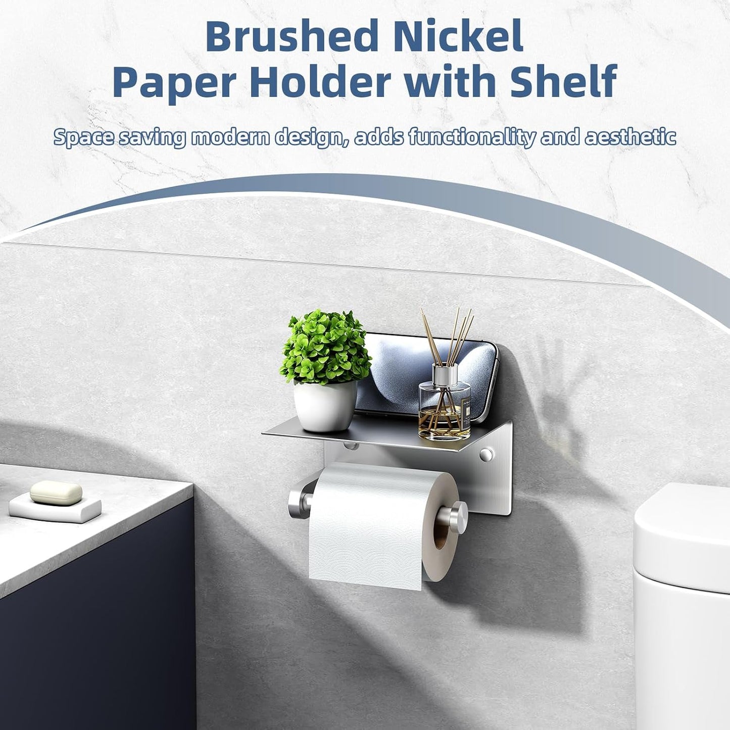 APLusee Toiler Paper Holder with Phone Shelf, Brushed Nickel, Wall Mounted | 304 Stainless Steel, Rust-resistant Tissue