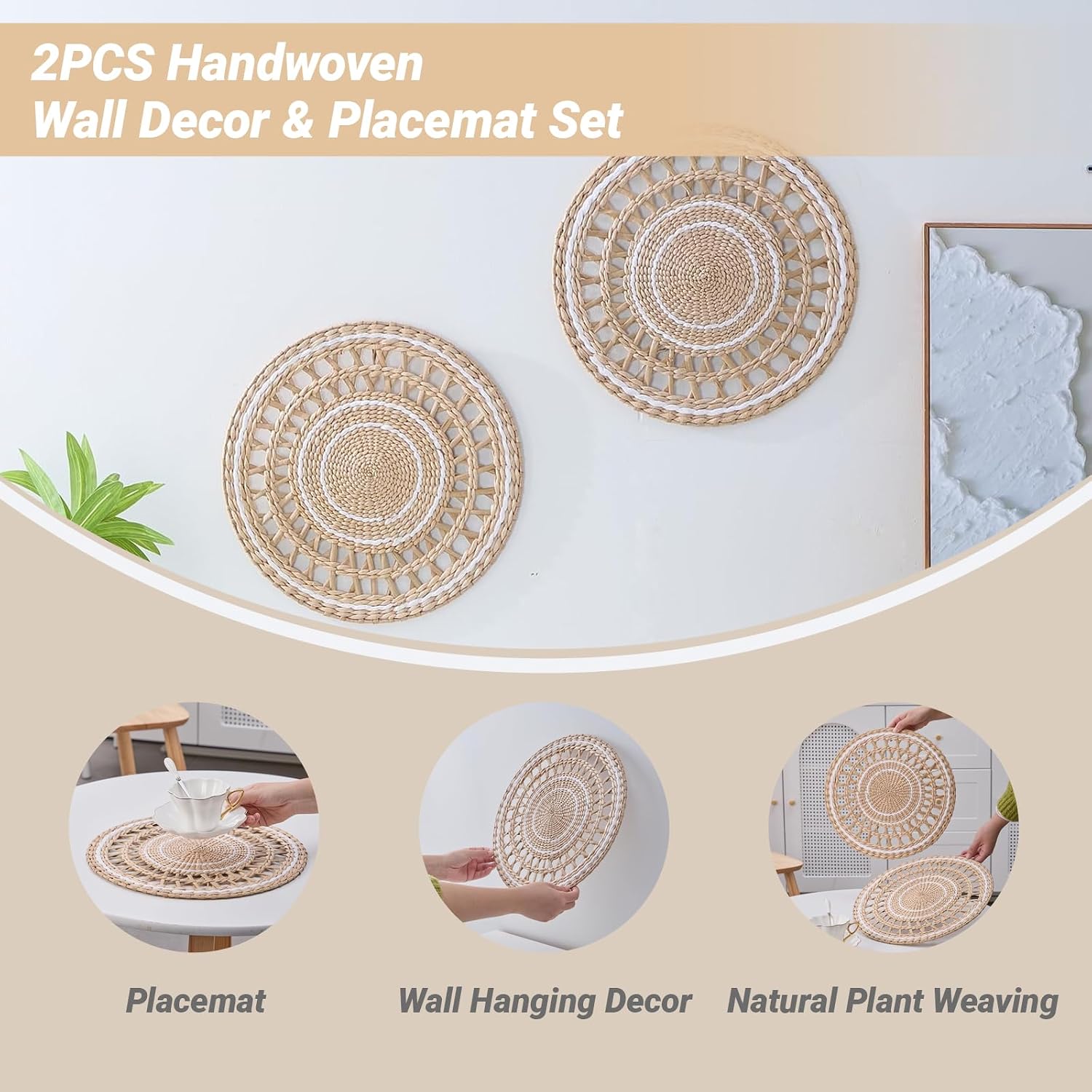 Boho Woven Grass Wall Hanging & Tray / Minimalist White / Set of 2
