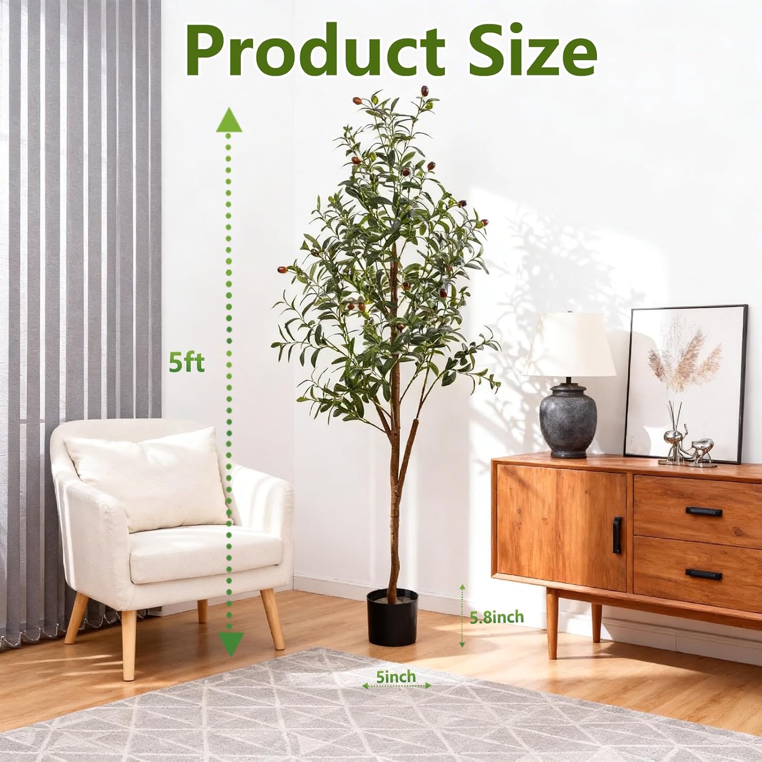 Indoor Tall Faux Olive Tree in Planter / Olive Tree 5ft / 5 Inch