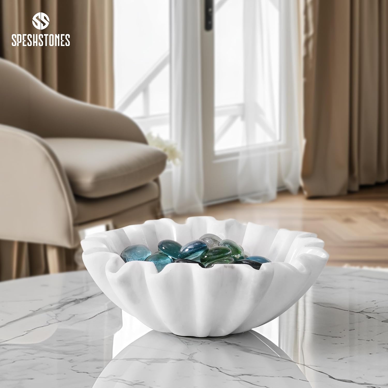 Marble Scalloped Bowl Handmade Ruffle Bowl / White / 6 Inches