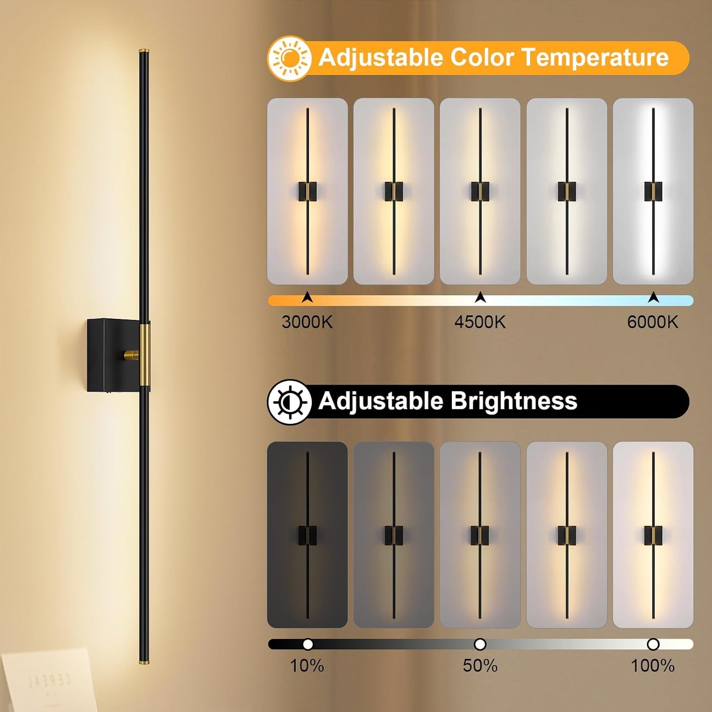 Battery Operated Wall Sconce Set of Two with Remote Control, 3000K-6000K Dimmable Black Gold Wall Lights, Timable LED
