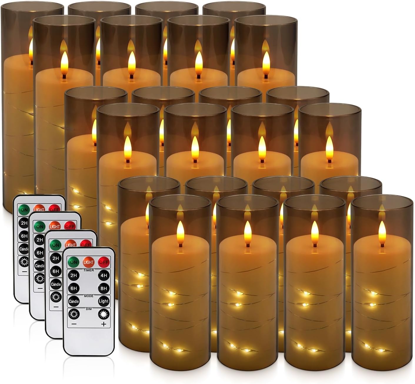 24 Pack Flameless LED Pillar Candles with Remote & Timer, Flickering Battery Operated Candles with Embedded Starry