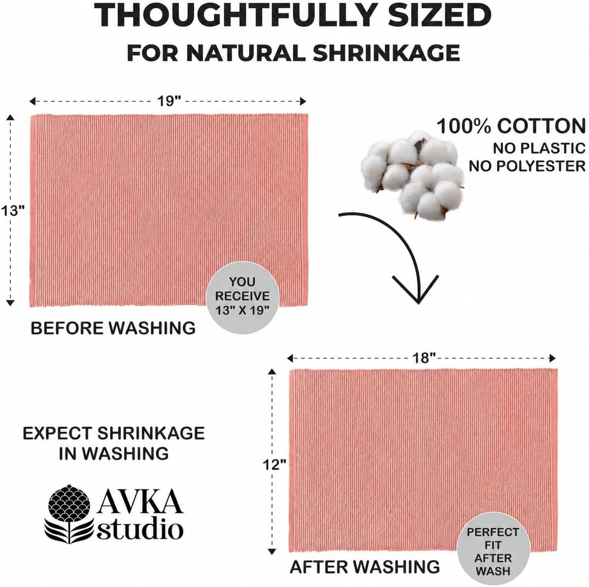 100% Cotton Ribbed Placemats - Set of 4-13 x 19 Inches - Peach - Everyday Cloth Table Mats - Thick Construction