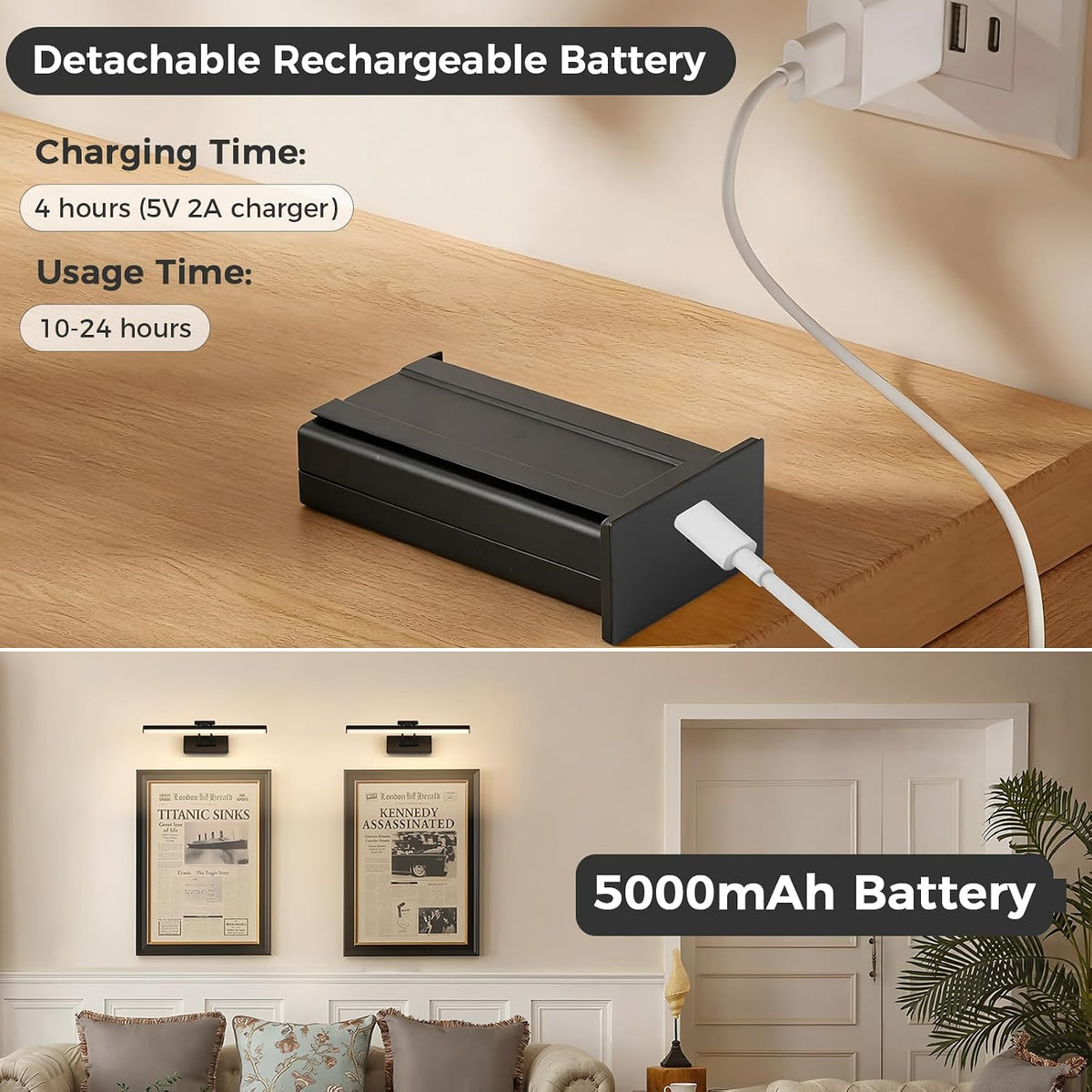 JUSHENG Picture Lights for Wall Battery Operated, Black 3CCT Dimmable Gallery Light with Detachable Battery and Timer