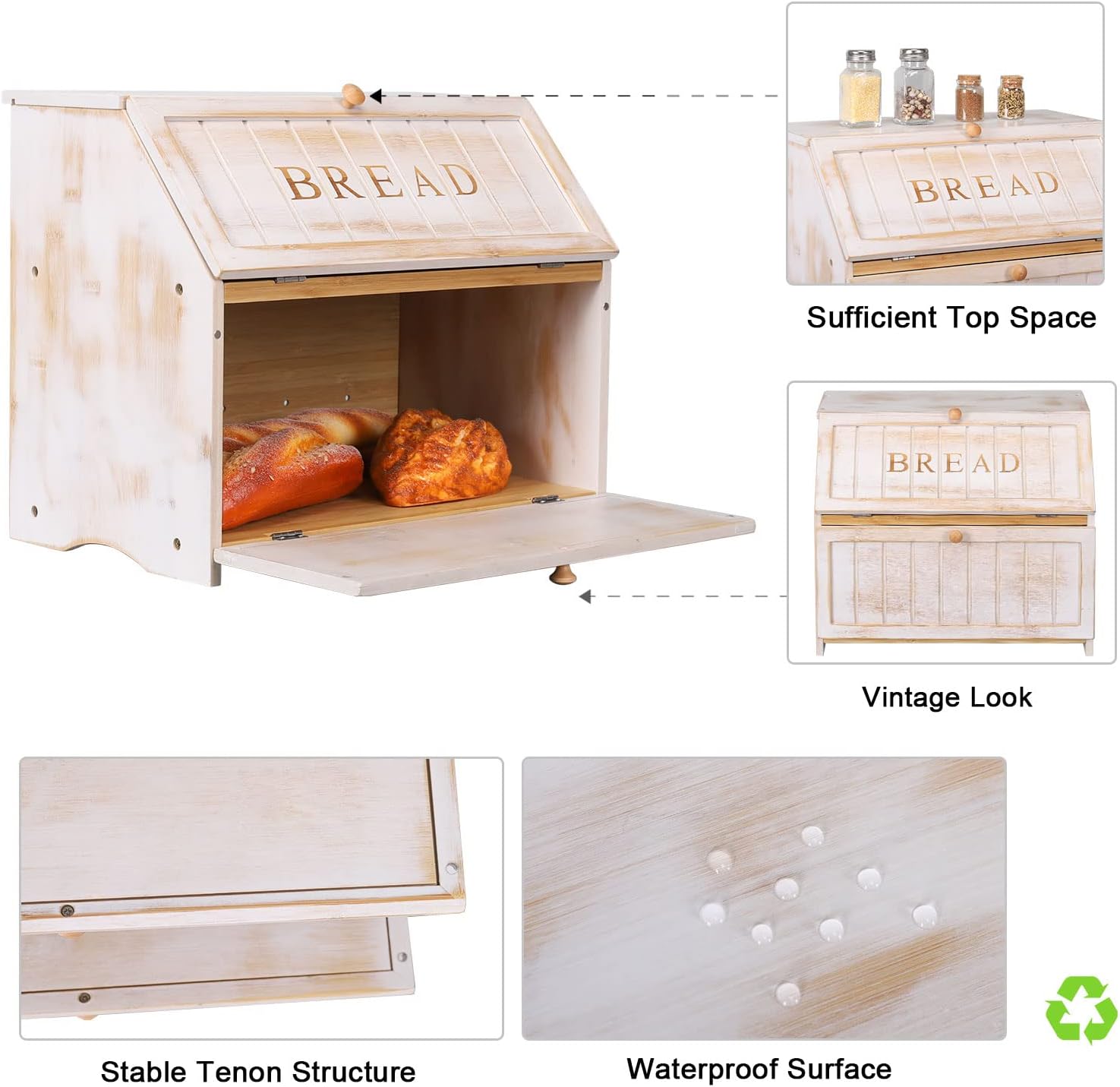 HOMEKOKO Vintage Double Layer Farmhouse Bread Box for Kitchen Counter,White | Keeps Bread Fresh 3-4 Days, 2-Tier