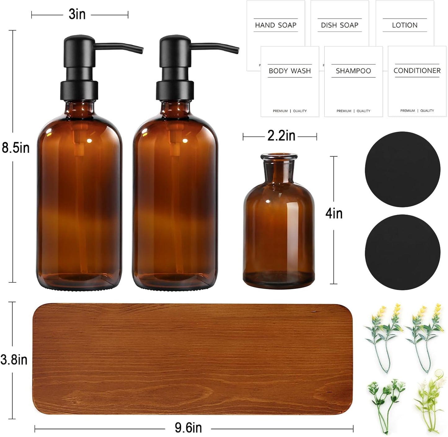 Wood Riser Tray / Amber Bottle + Black Pump