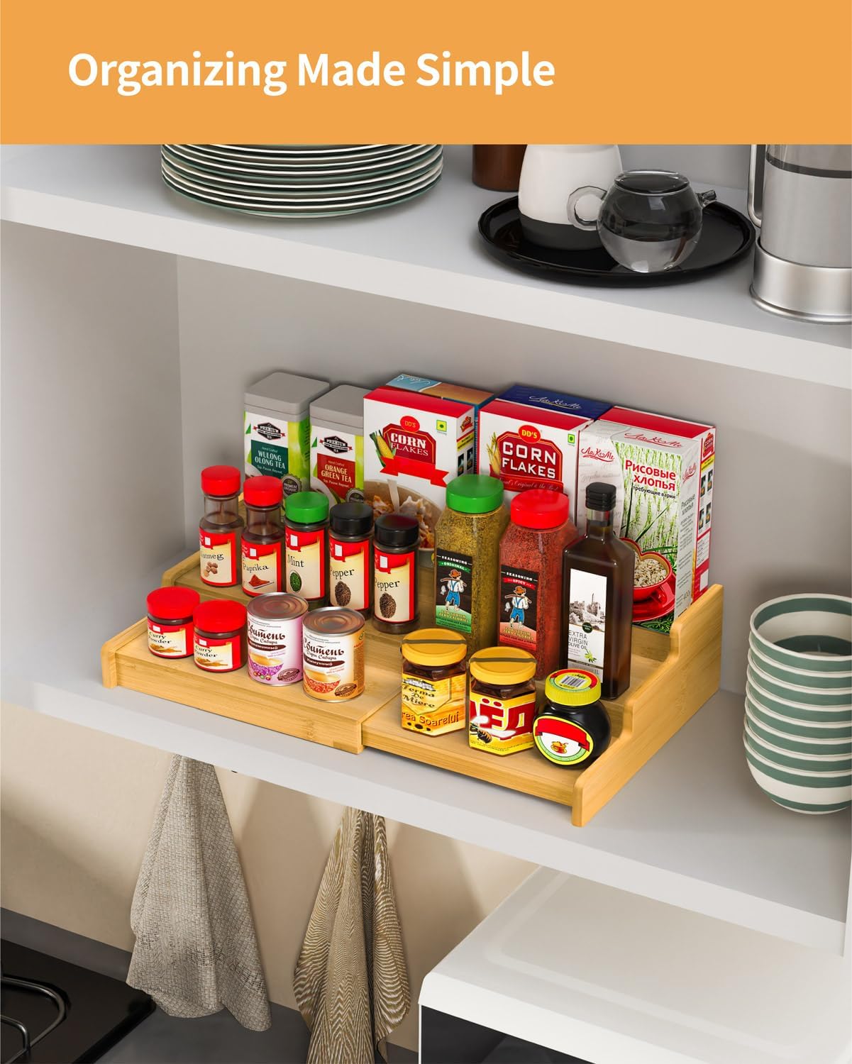 Spice Rack 3-Tier Natural Bamboo, Adjustable Cabinet Organizer Shelf | Expands 8.7-15.6"cabinets. Stepped design