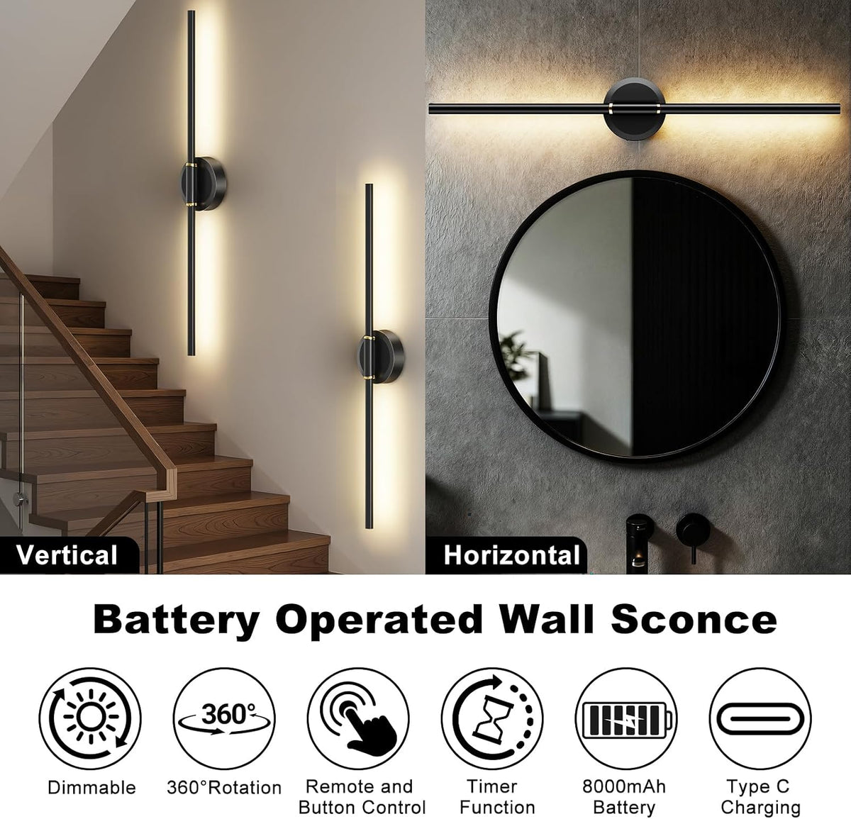 Battery Operated Wall Sconces Set of 2, Dimmable 8000mAh Rechargeable Wall Lights, LED Wall Lamp with Remote Control