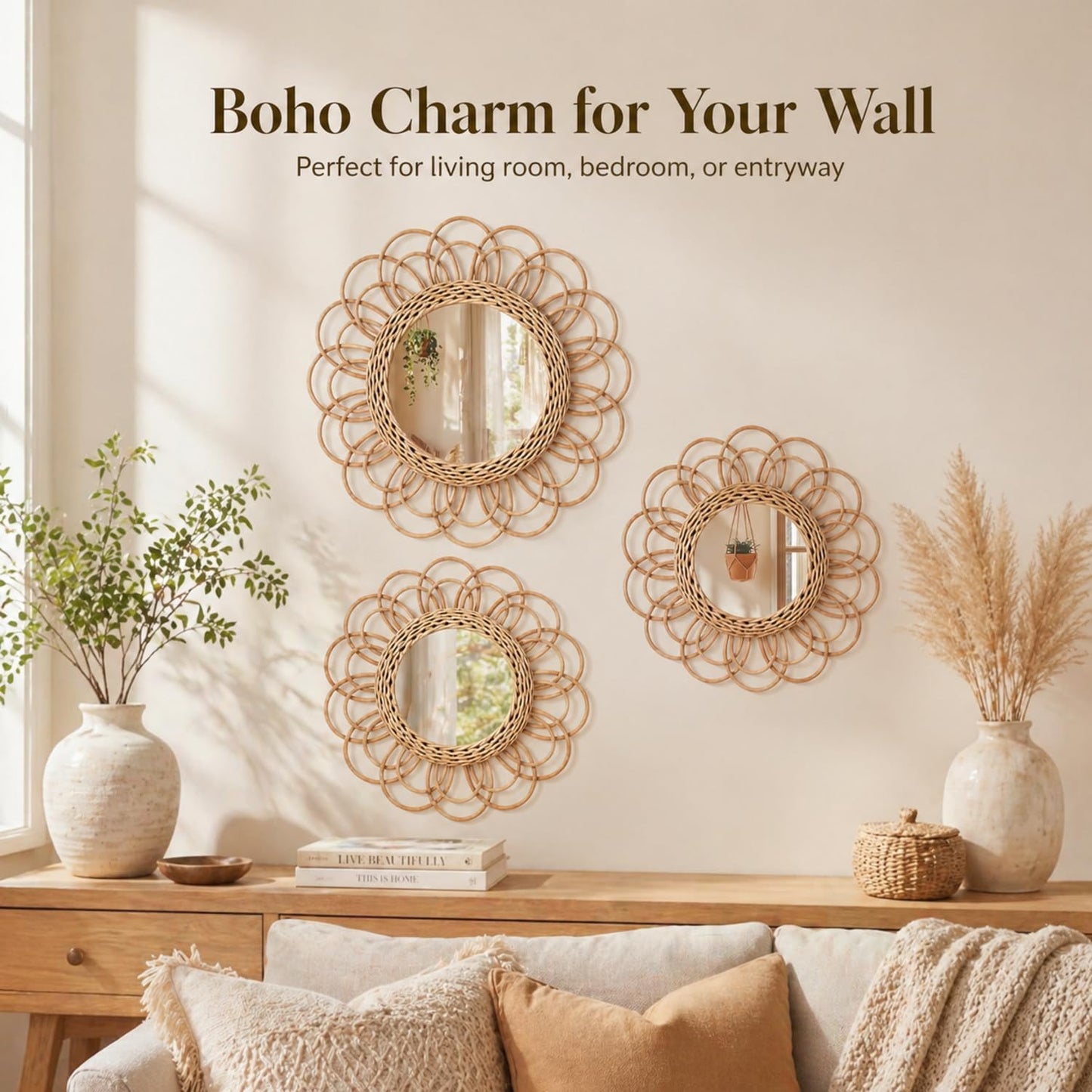 Boho Rattan Mirror Wall Hanging Decor / Set of 3