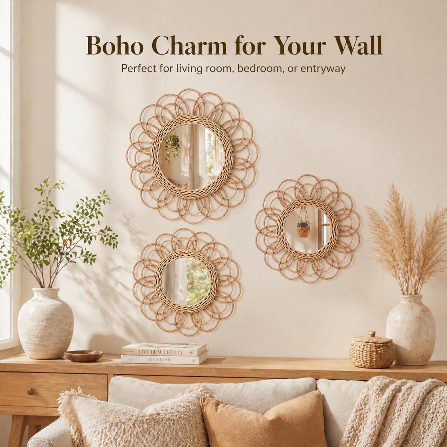 Boho Rattan Mirror Wall Hanging Decor / Set of 3