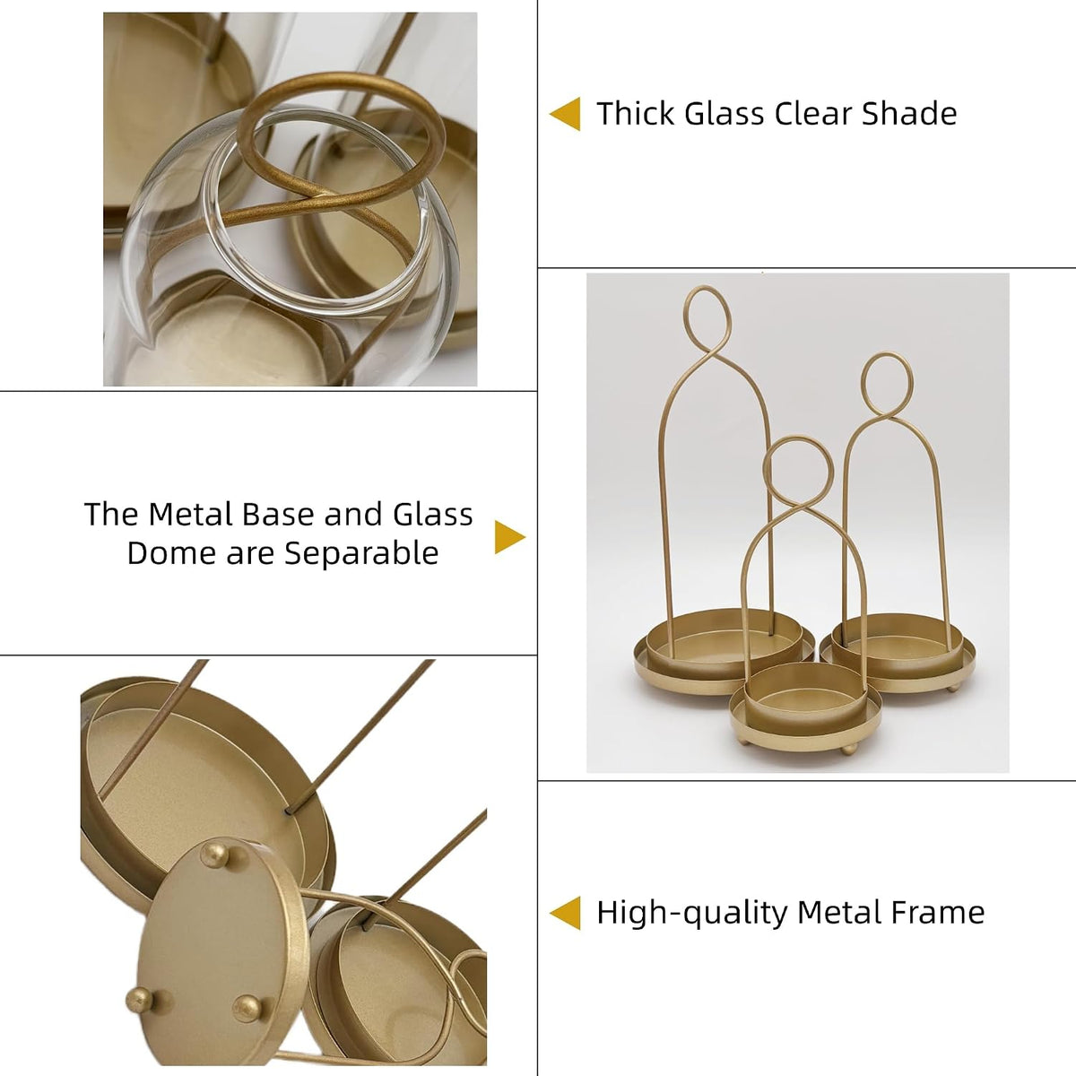 3 Pack Metal Candle Holders with Glass Dome, Gold Candlestick Holders Set | 5.5" & 4.7" & 3.9" Wide Versatile Hurricane