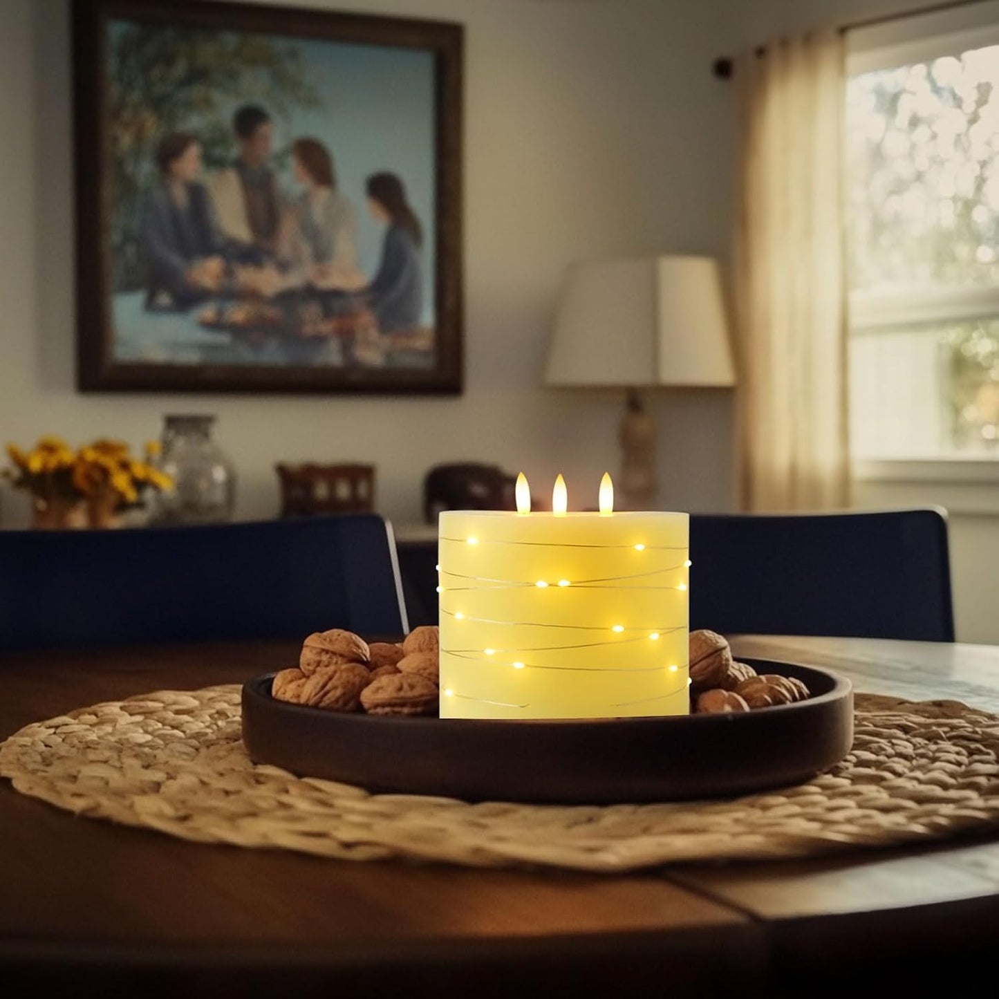 Amagic 3 Wick Extra Large Flameless Candles with Timer Remote, String Light | 6"x6" Real Wax Battery Operated LED