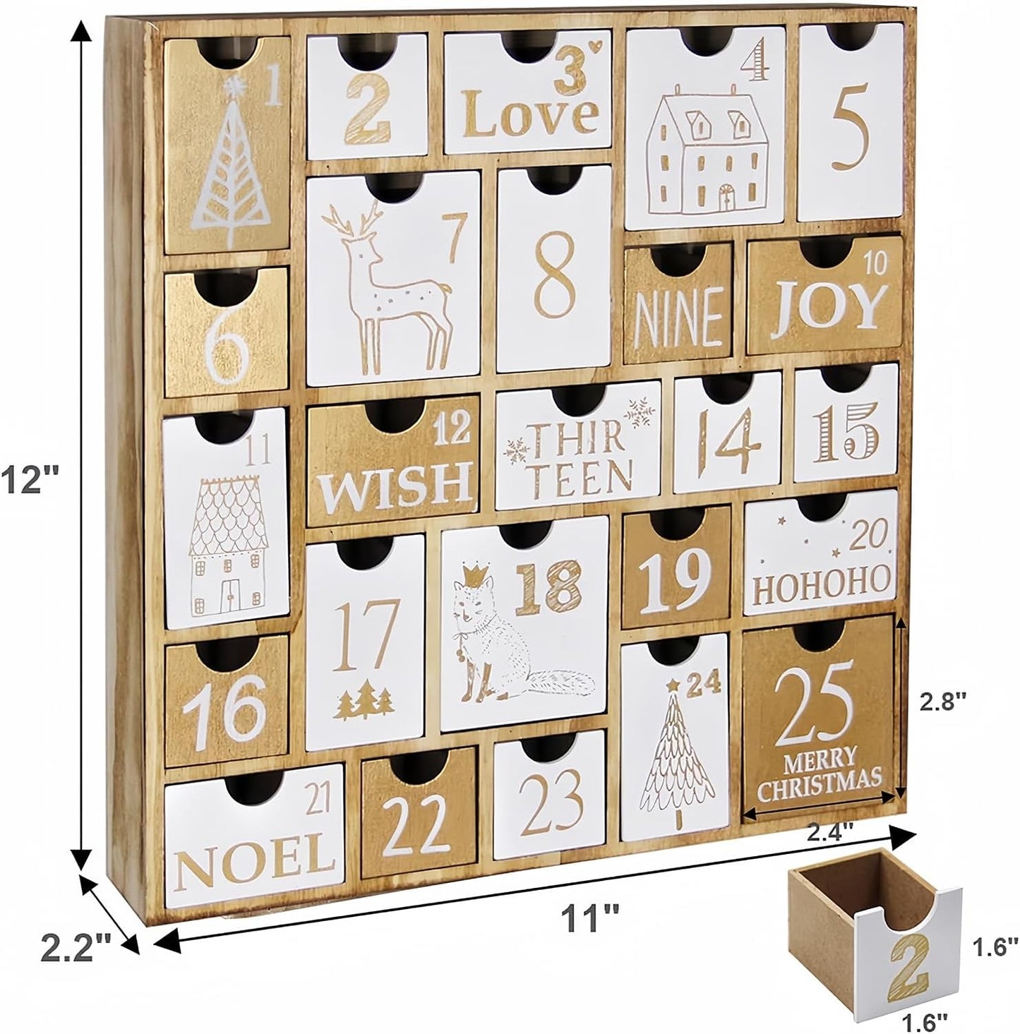 Juegoal Advent Calendar with 25 Drawers Countdown to Christmas, Refillable Wooden Advent Xmas Gift for Kids, 12 Inches