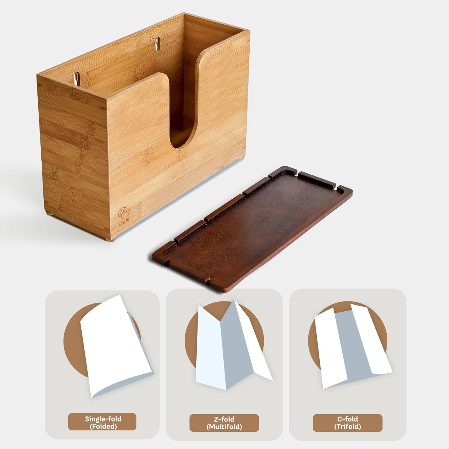 eBun Bamboo Paper Towel Dispenser with Removable Wooden Lid Tray, Bamboo | Wall mount or countertop holder for C-fold
