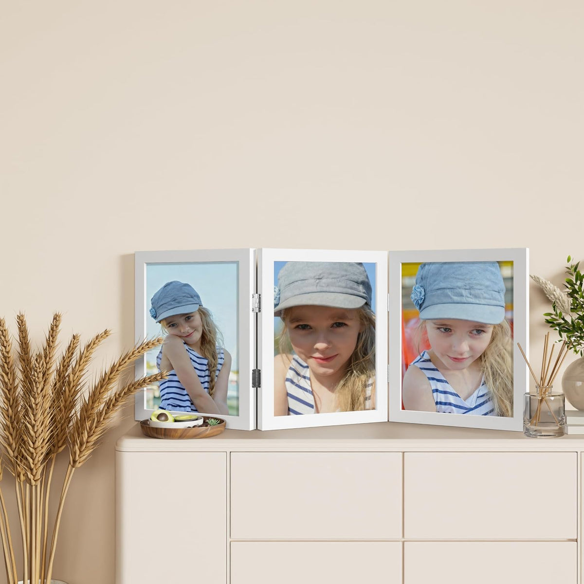 decorUhome White Triple 8x10 Picture Frame Vertical, MDWT08 | "Z" Shape Folding Design Engineered Wood Trifold Photo