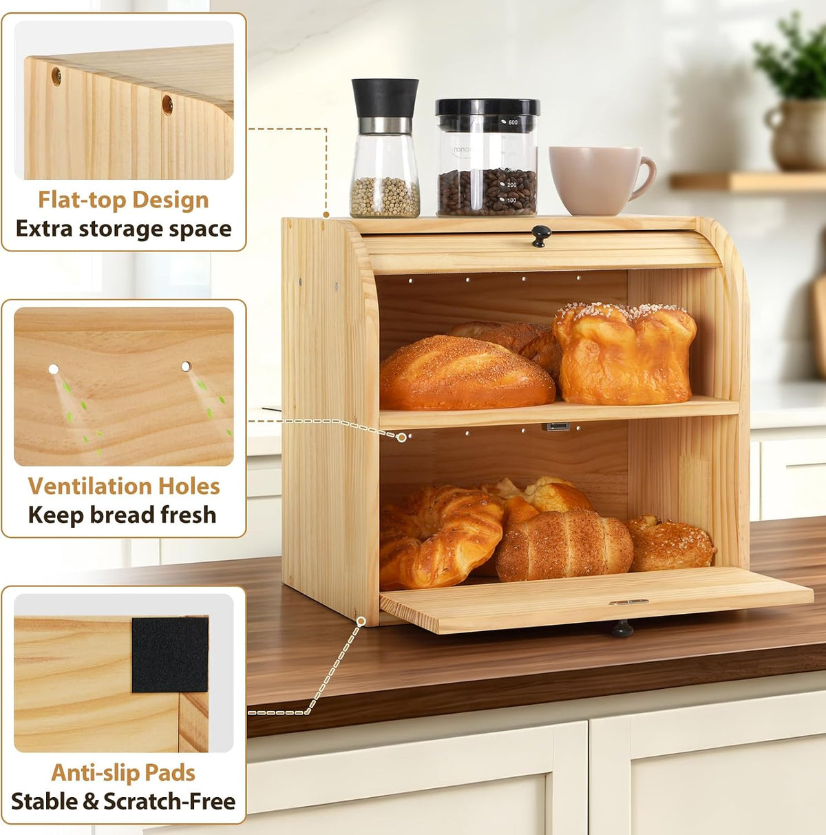 Sunhoo Wooden Bread Box for Kitchen Countertop, Roll Top Breadbox, Natural | Large Double Layer Pantry Container, Solid