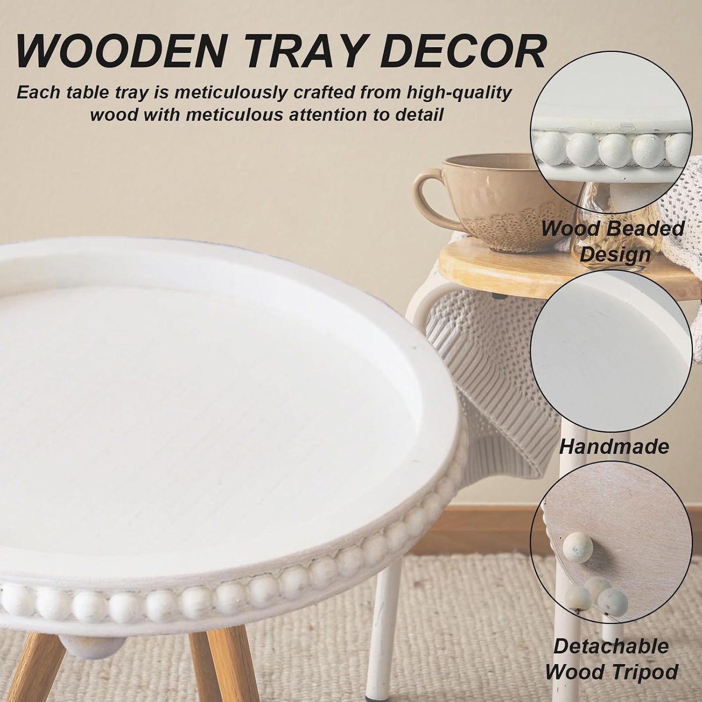 Round Wooden Tray for Decor / White