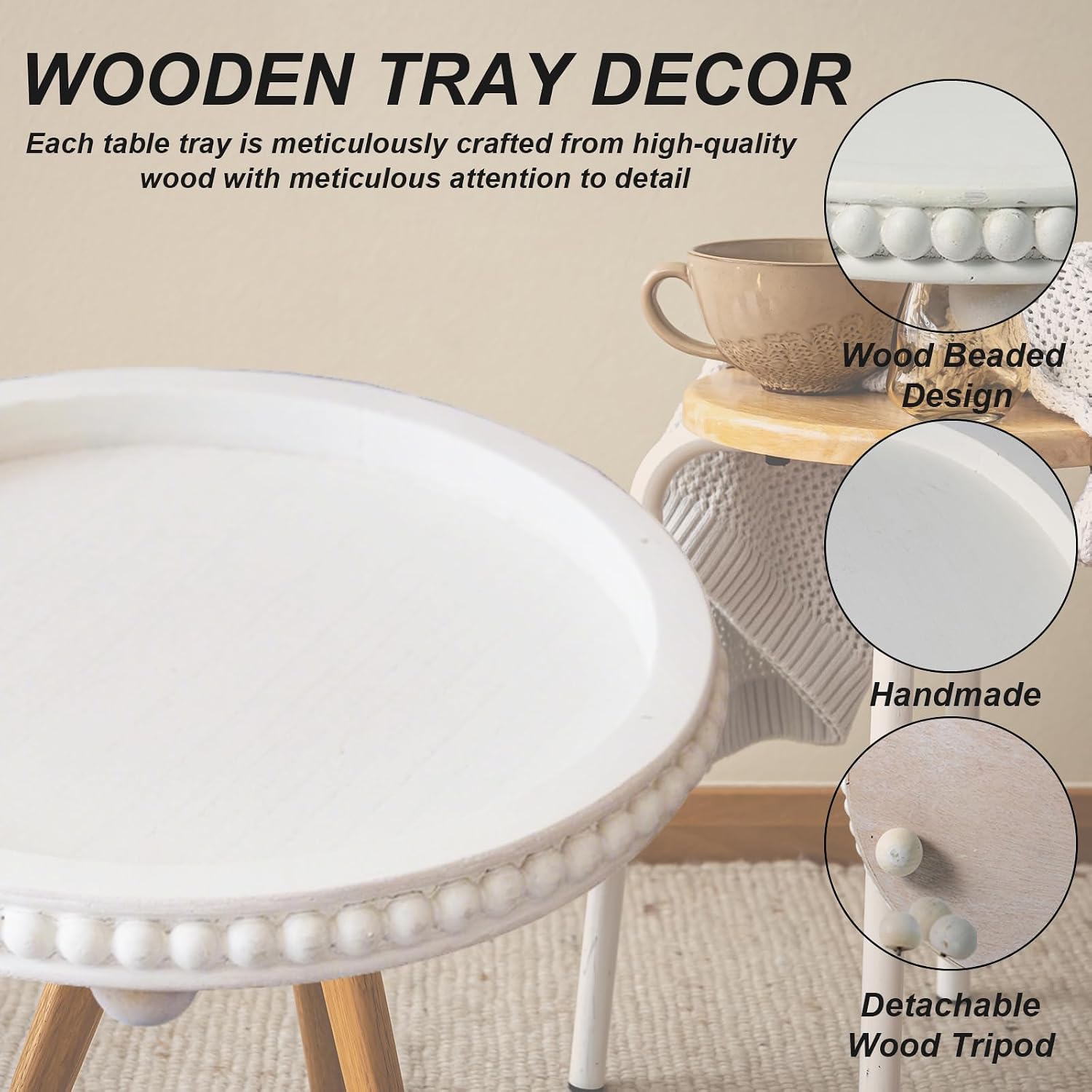 Round Wooden Tray for Decor / White