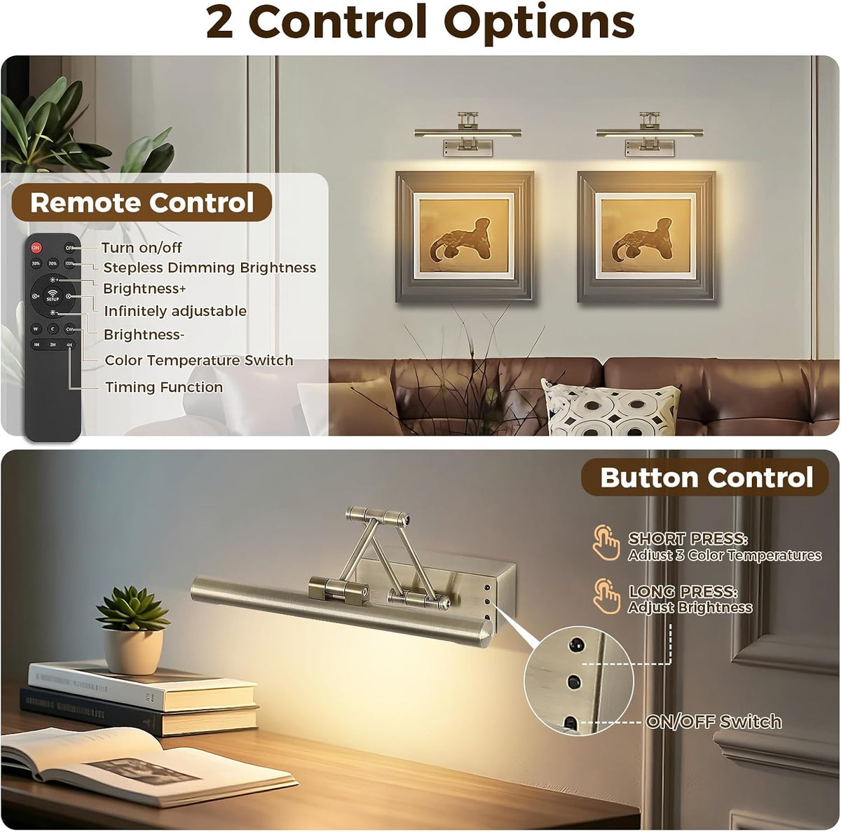 Battery Operated Picture Light for Wall, Wireless Art Lights Antique Bronze | Rechargeable Gallery Lights with Remote
