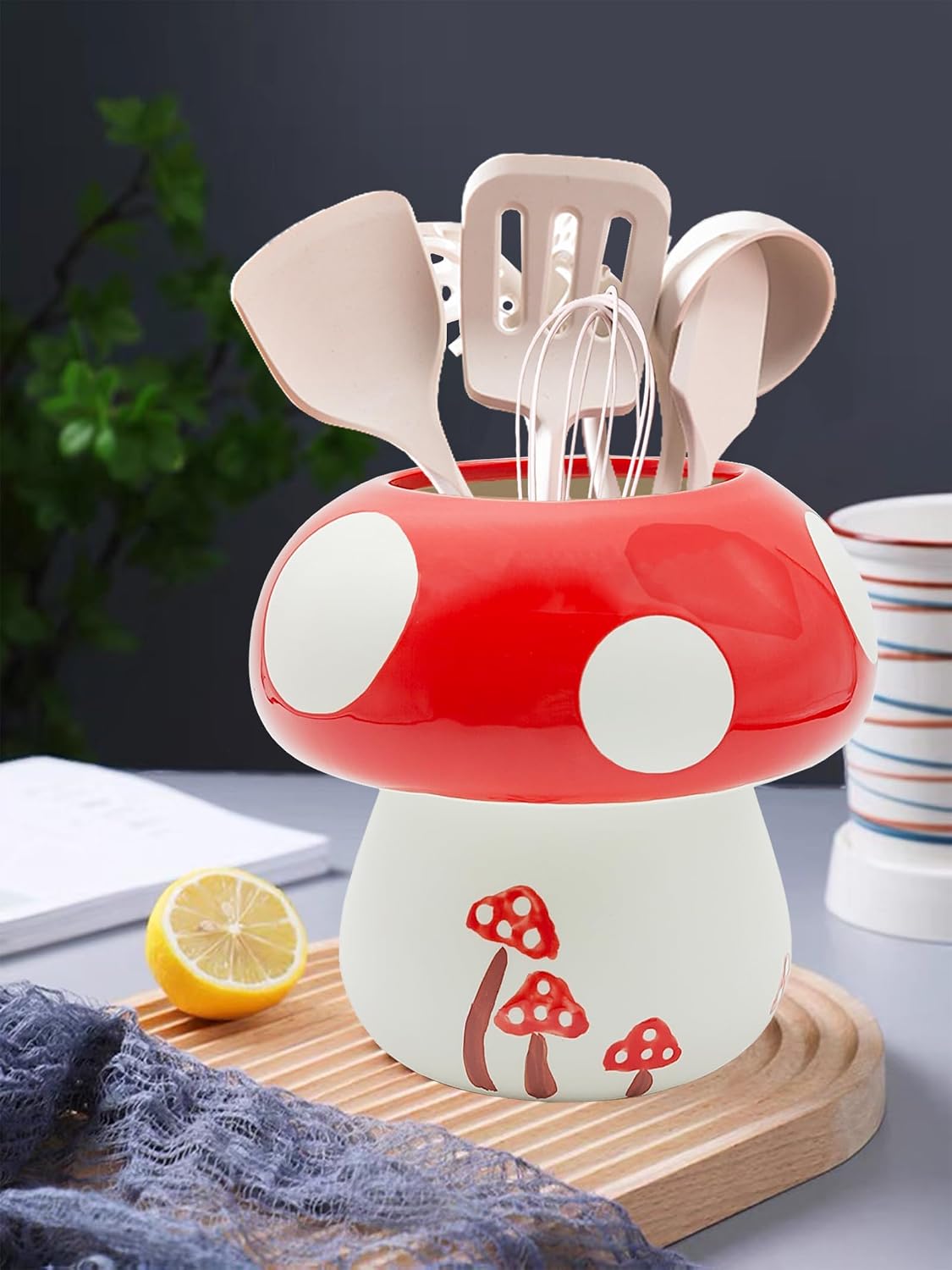 Mushroom Kitchen Utensil Holder for Countertop Mushroom Decor Ceramic Cooking Utensil Crock Large