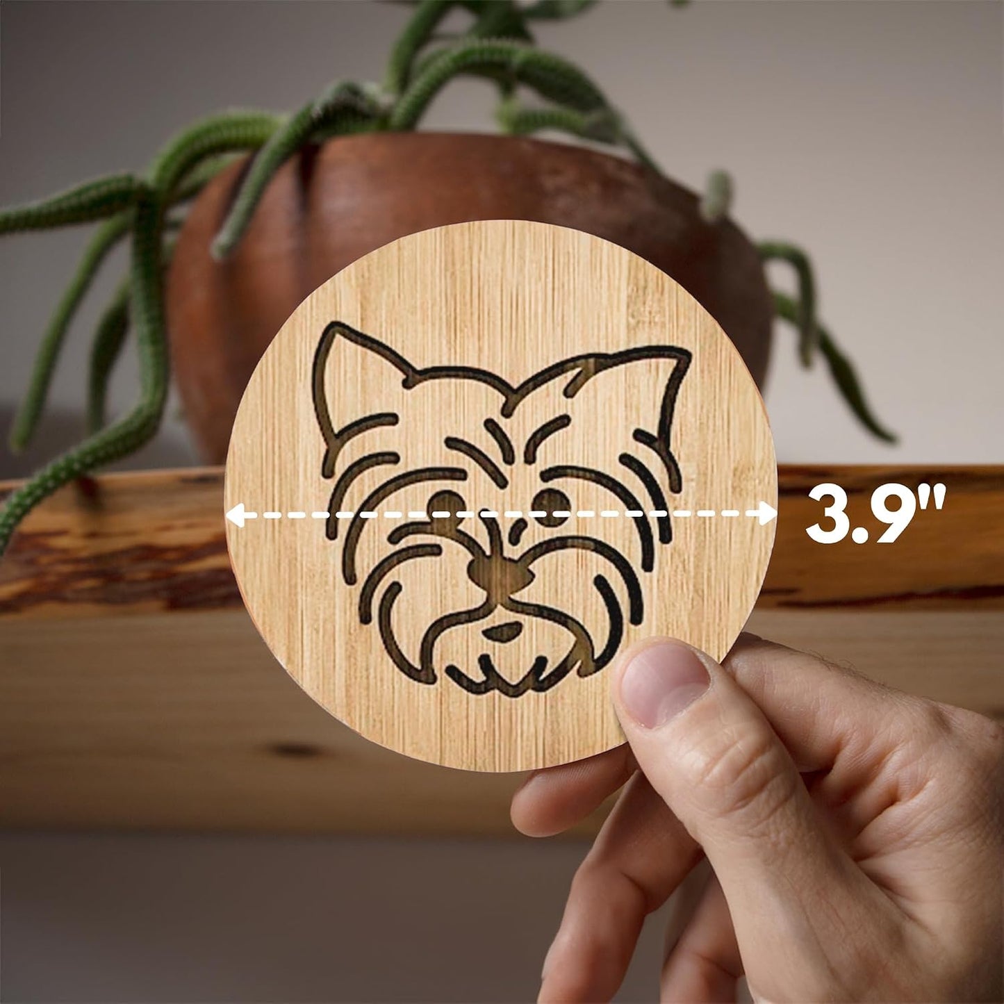 Iron Holder / Bamboo Laser-Engraved Fun Dog Coasters / Yorkie / 3.9 Inch / Set of 6