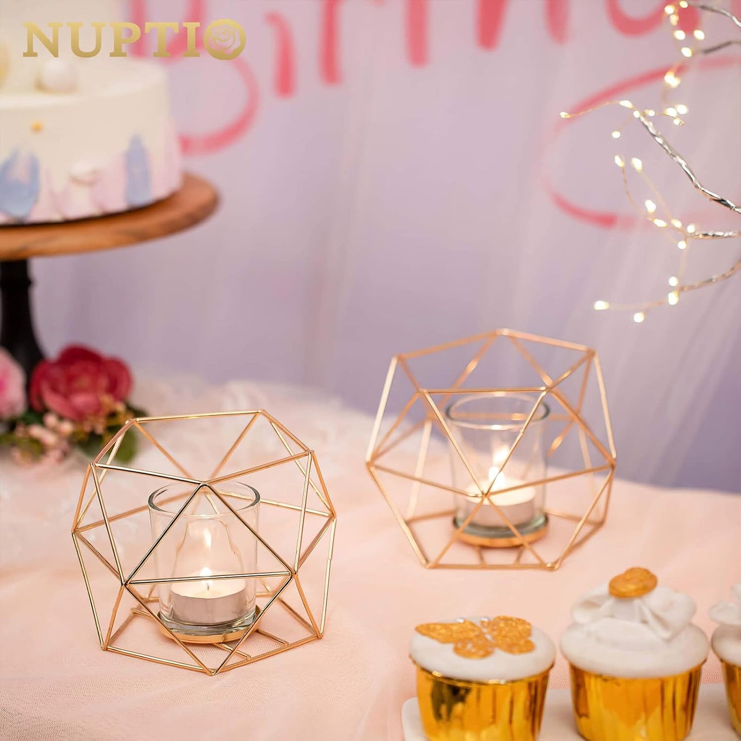 NUPTIO Tea Light Candle Holders - Votive Candle Holder for Tealight & Pillar Candles Geometric Gold Candle Stand for