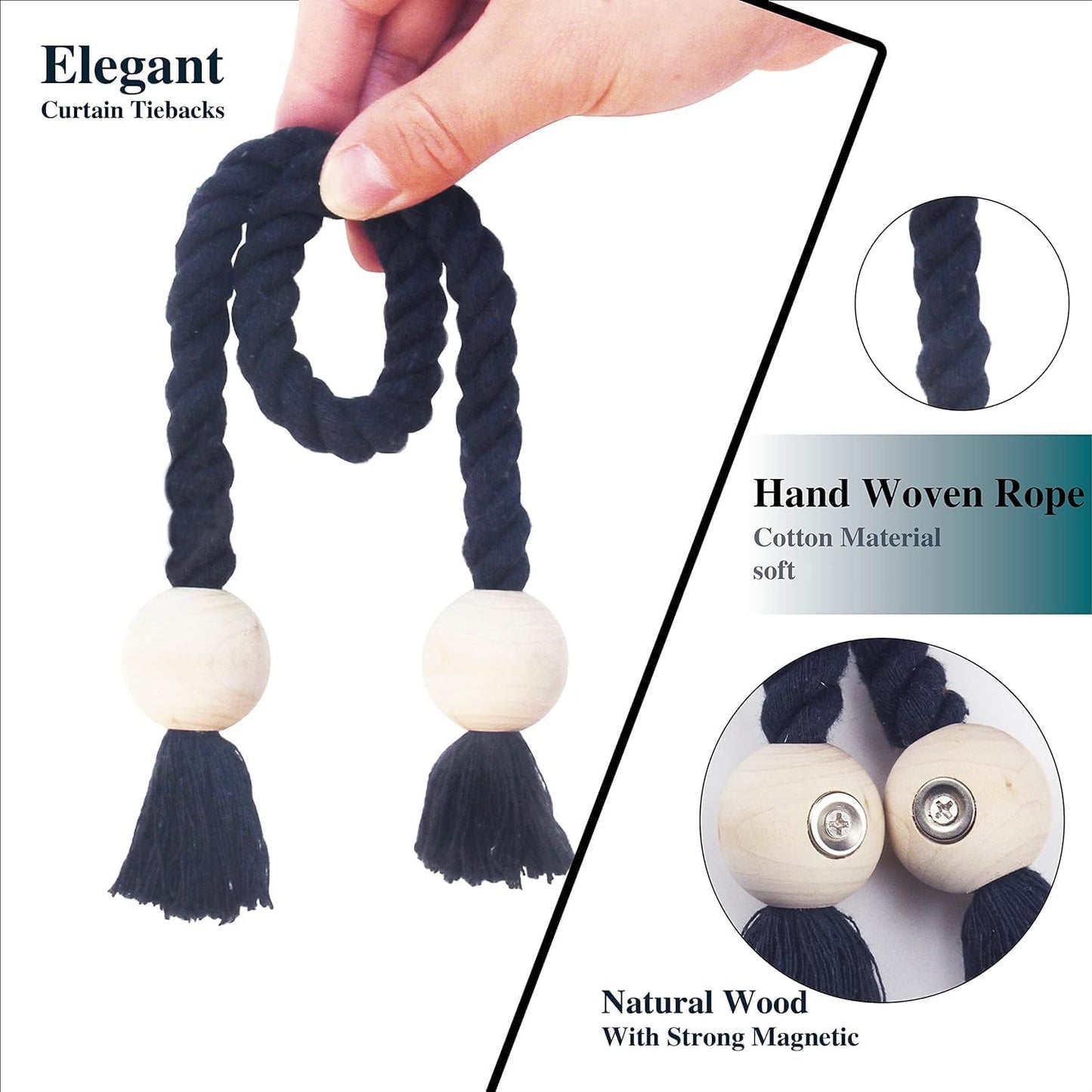 Magnetic Curtain Tiebacks Decorative Tie Back Drapes Holdbacks Nieffeiy | 6 Pack Navy Cotton Hand Woven Rope Curtain